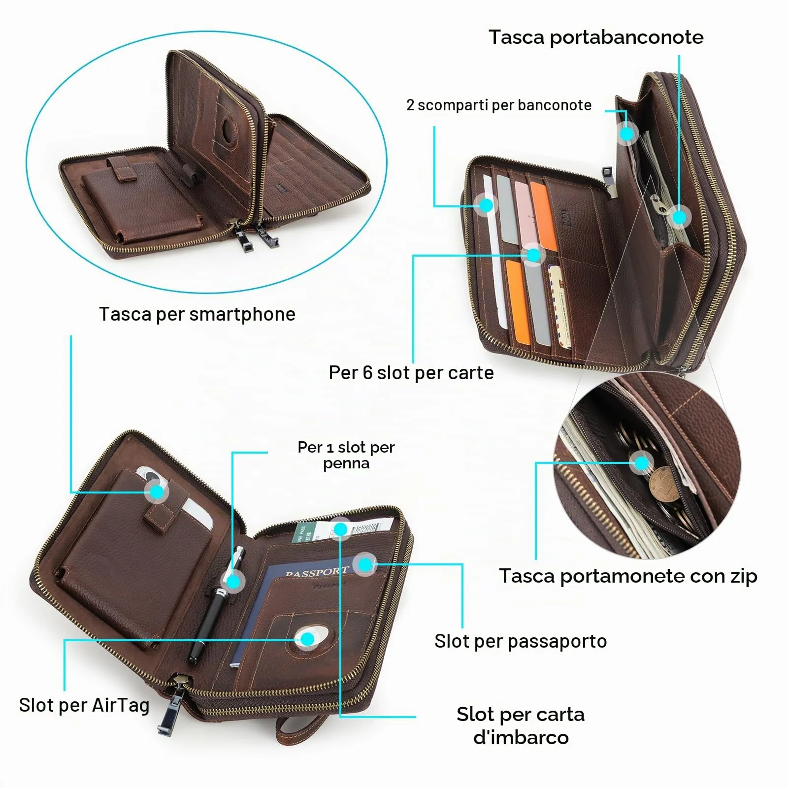 CONTACT'S FAMILY Pochette da viaggio da uomo in vera pelle con blocco RFID e cinturino da polso, marrone, Caffè-1044 - immagine 5