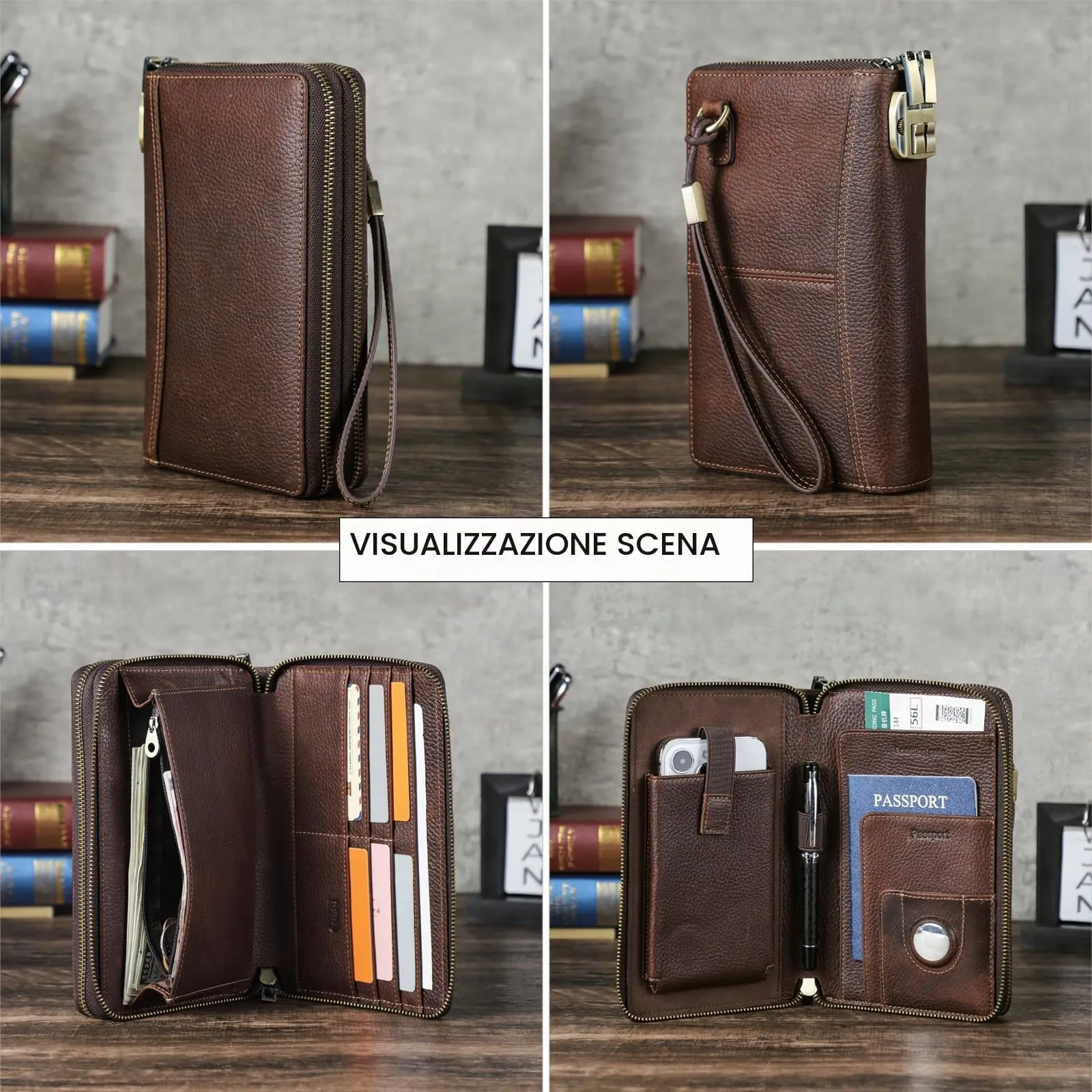 CONTACT'S FAMILY Pochette da viaggio da uomo in vera pelle con blocco RFID e cinturino da polso, marrone, Caffè-1044 - immagine 7