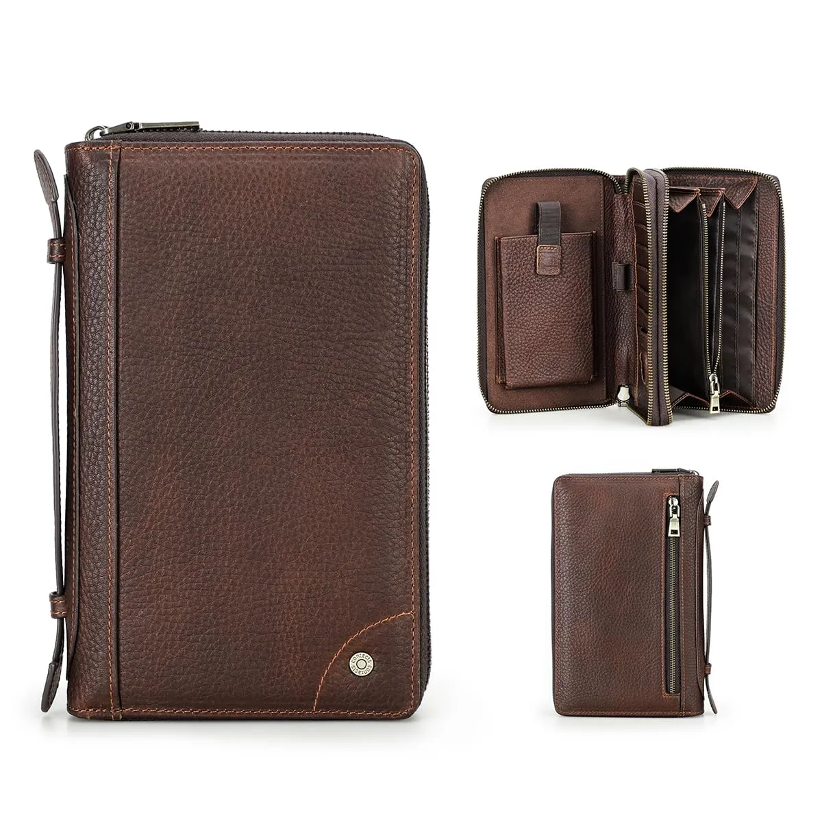 CONTACTS Pochette da viaggio in pelle da uomo, portafoglio con 2 cerniere, organizer per passaporto e biglietti da visita, borsa a mano con tracolla - immagine 1