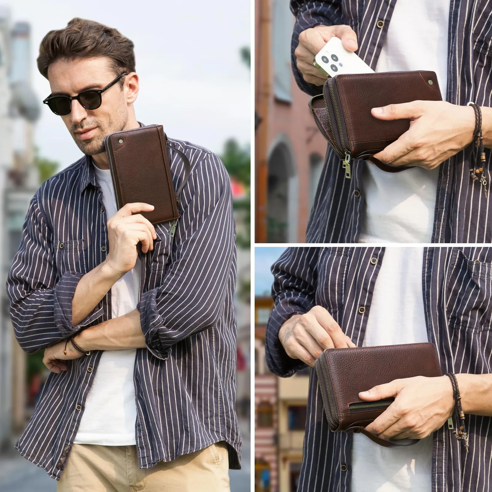 CONTACTS Pochette da viaggio in pelle da uomo, portafoglio con 2 cerniere, organizer per passaporto e biglietti da visita, borsa a mano con tracolla - immagine 2