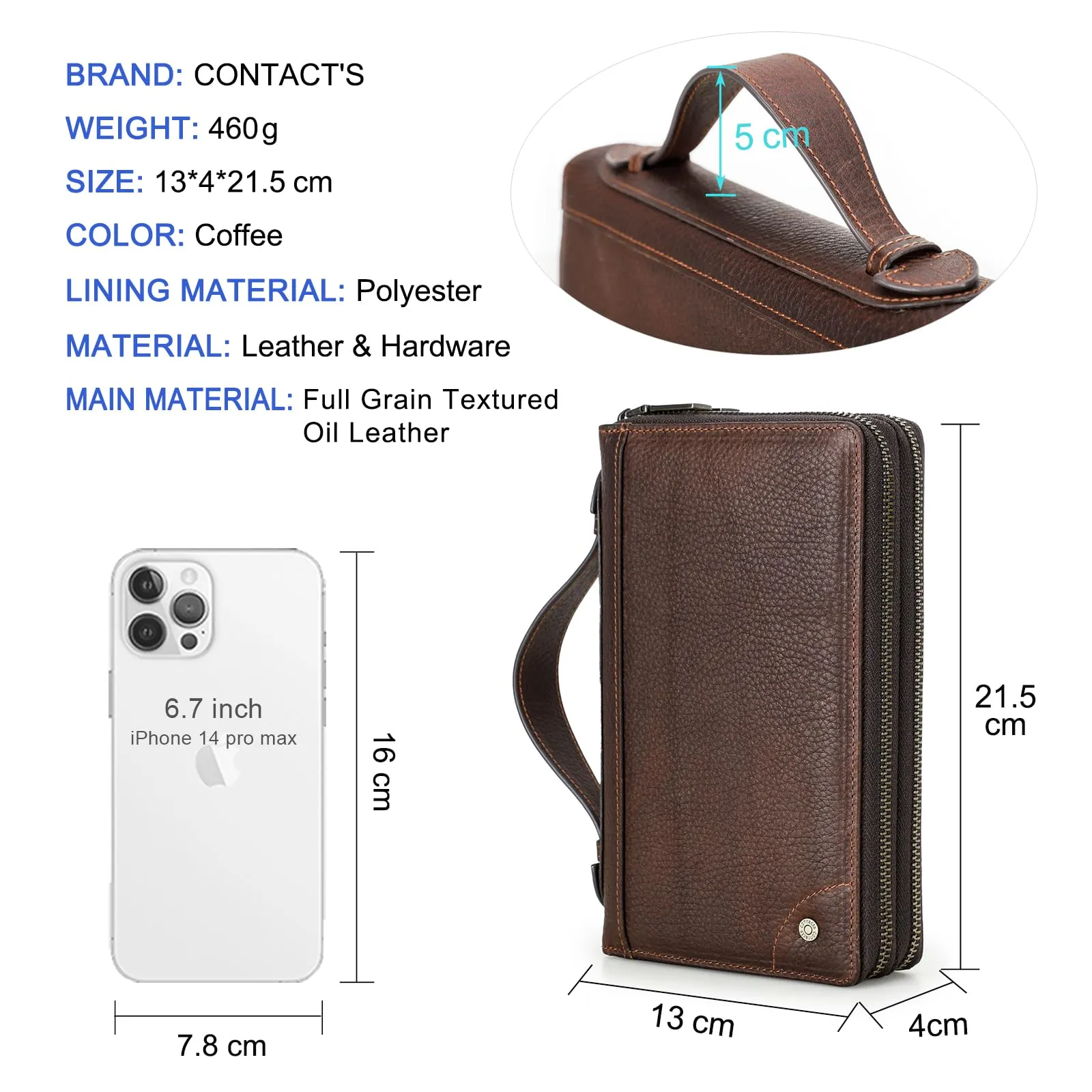 CONTACTS Pochette da viaggio in pelle da uomo, portafoglio con 2 cerniere, organizer per passaporto e biglietti da visita, borsa a mano con tracolla - immagine 3