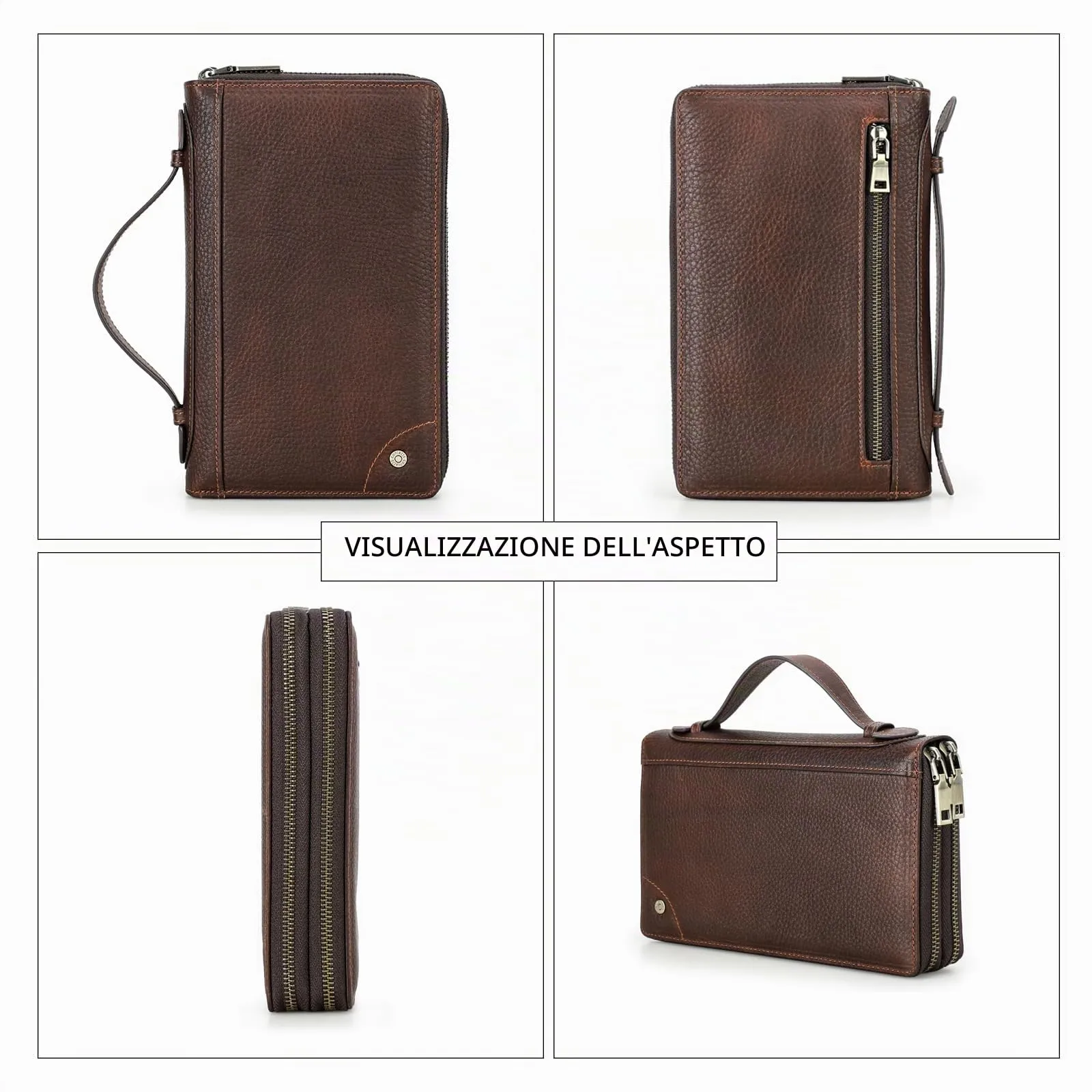 CONTACTS Pochette da viaggio in pelle da uomo, portafoglio con 2 cerniere, organizer per passaporto e biglietti da visita, borsa a mano con tracolla - immagine 4