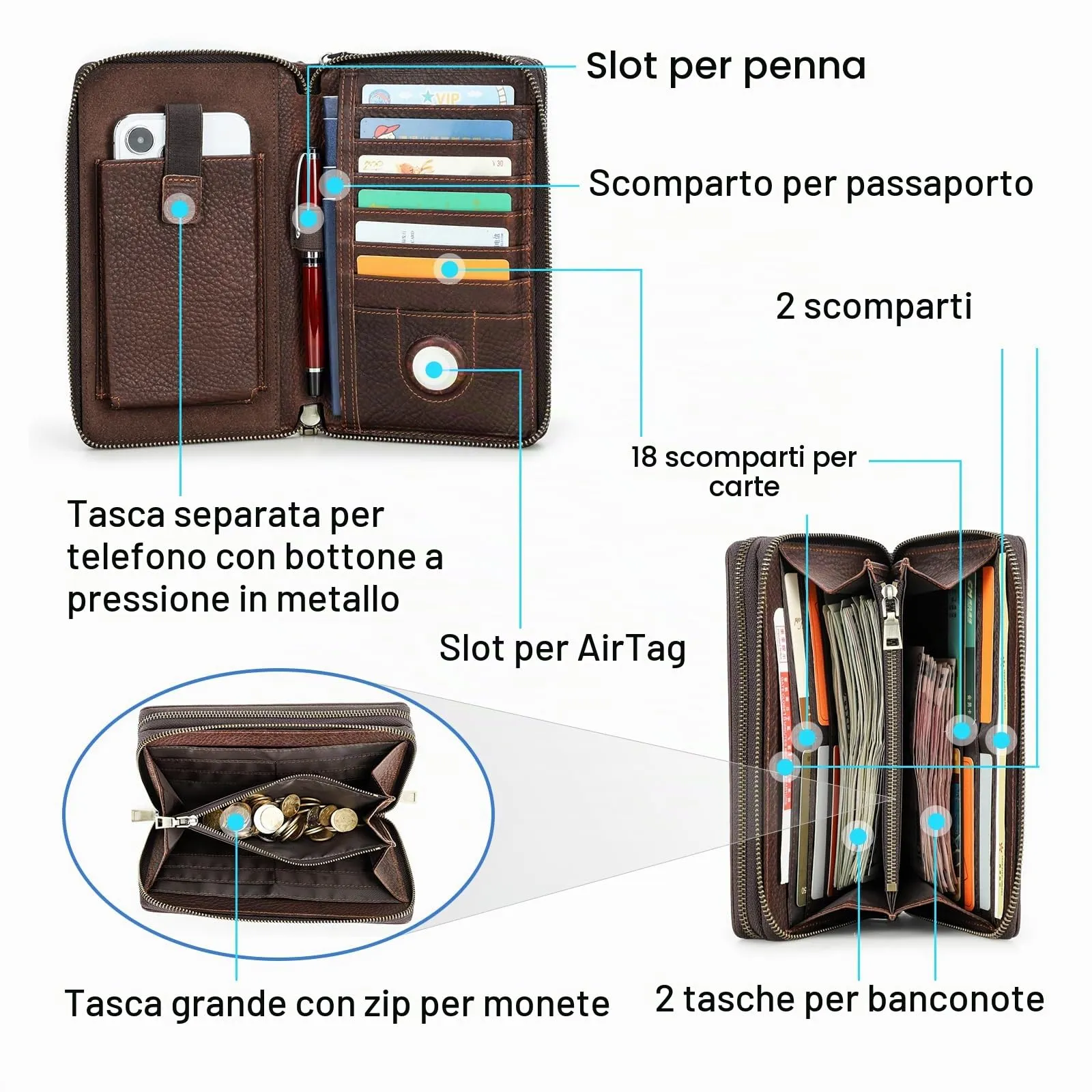 CONTACTS Pochette da viaggio in pelle da uomo, portafoglio con 2 cerniere, organizer per passaporto e biglietti da visita, borsa a mano con tracolla - immagine 5