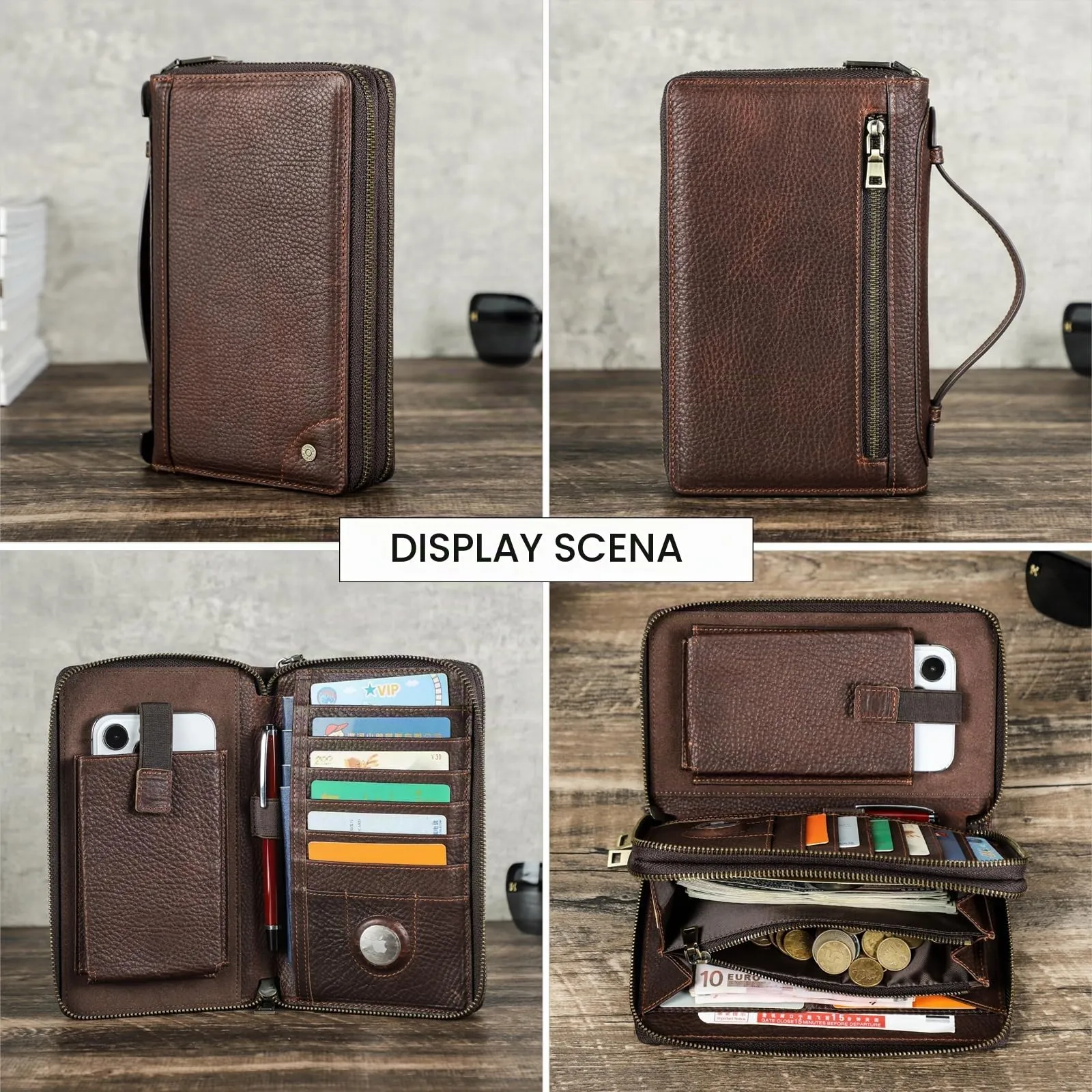 CONTACTS Pochette da viaggio in pelle da uomo, portafoglio con 2 cerniere, organizer per passaporto e biglietti da visita, borsa a mano con tracolla - immagine 6
