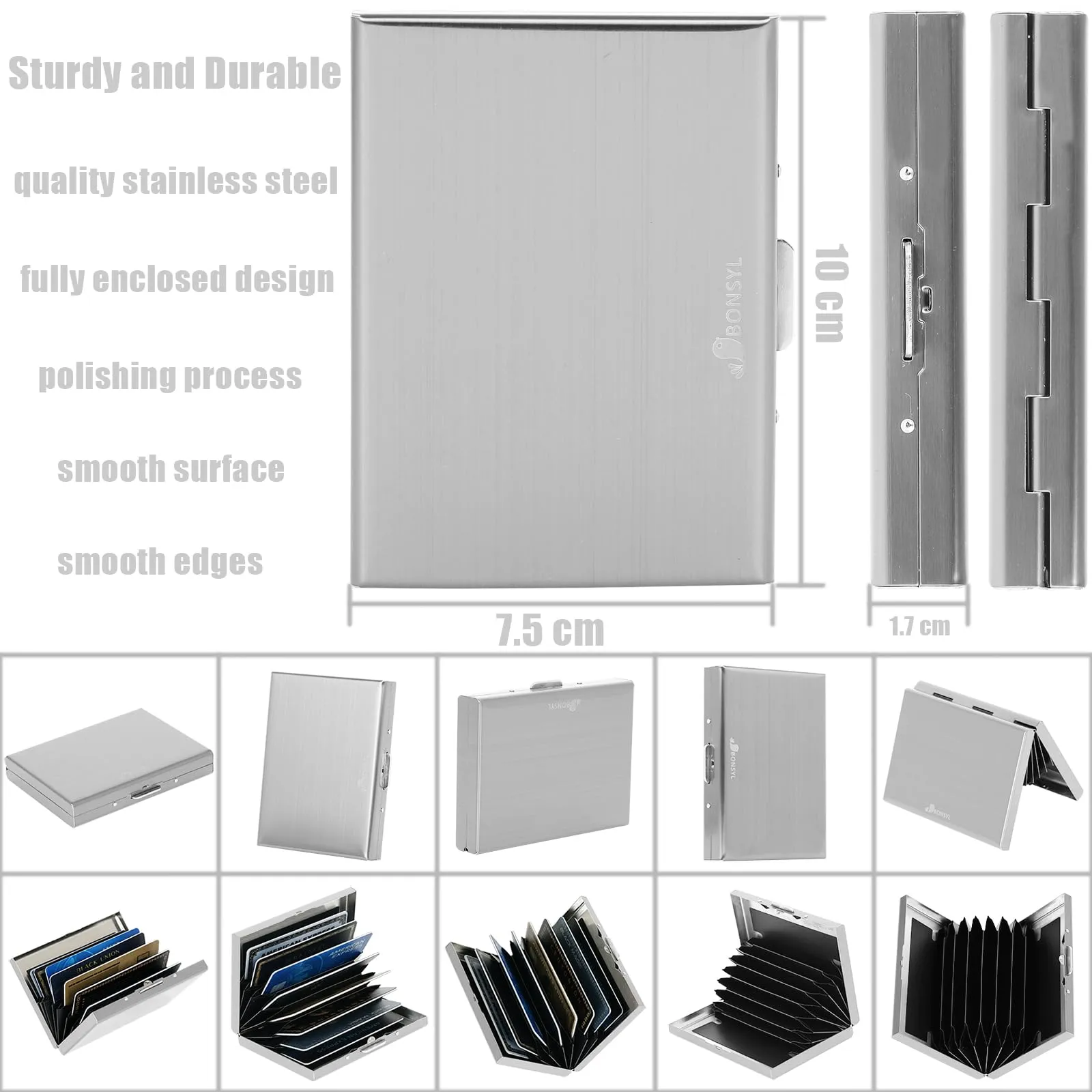 BONSYL Porta Carte di Credito in Metallo con Blocco RFID, Portafoglio Ultra Sottile con 8 Fessure per Carte, Argento - immagine 4