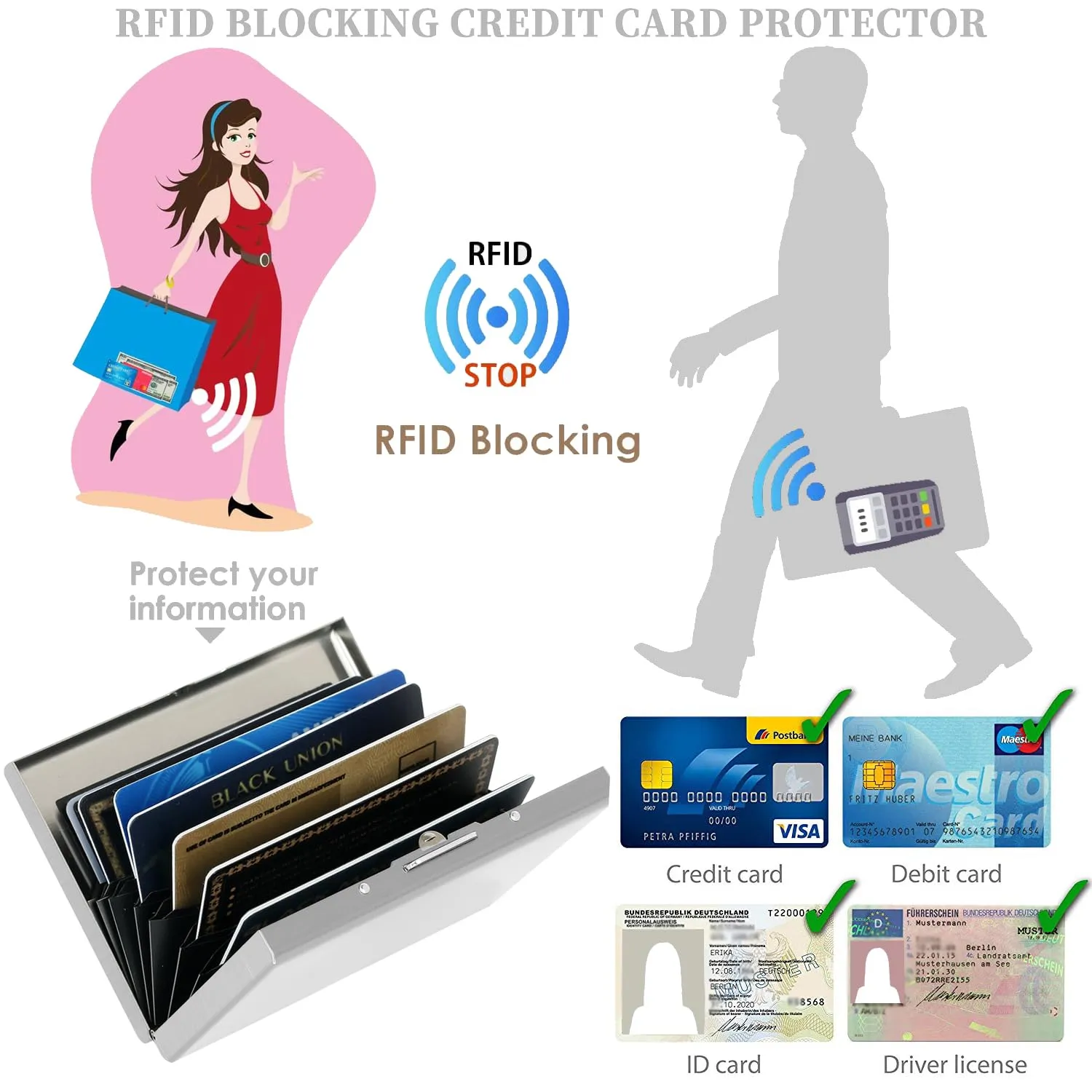 BONSYL Porta Carte di Credito in Metallo con Blocco RFID, Portafoglio Ultra Sottile con 8 Fessure per Carte, Argento - immagine 5