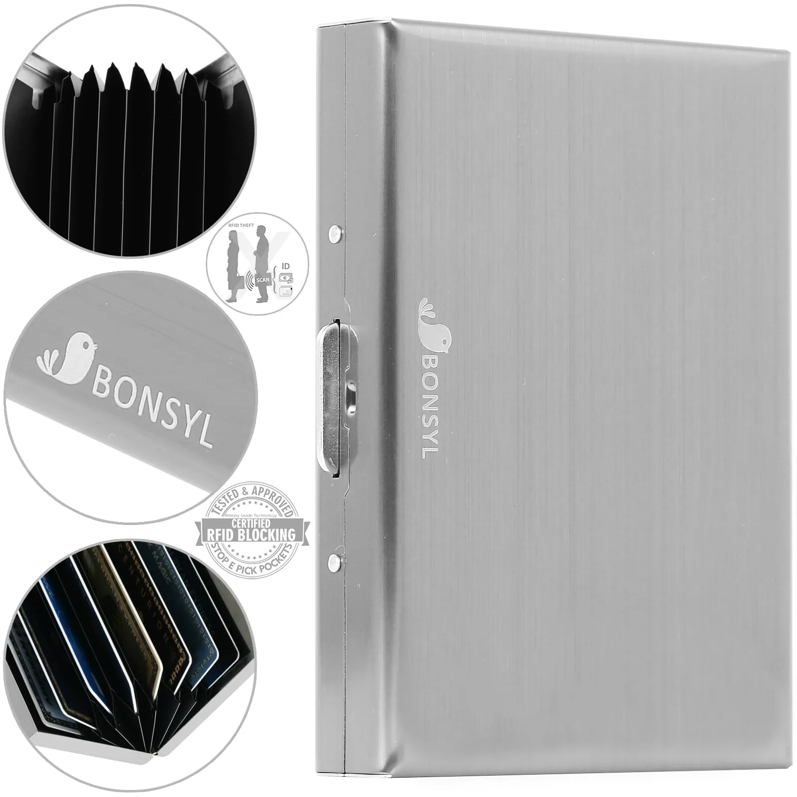 BONSYL Porta Carte di Credito in Metallo con Blocco RFID, Portafoglio Ultra Sottile con 8 Fessure per Carte, Argento - immagine 6