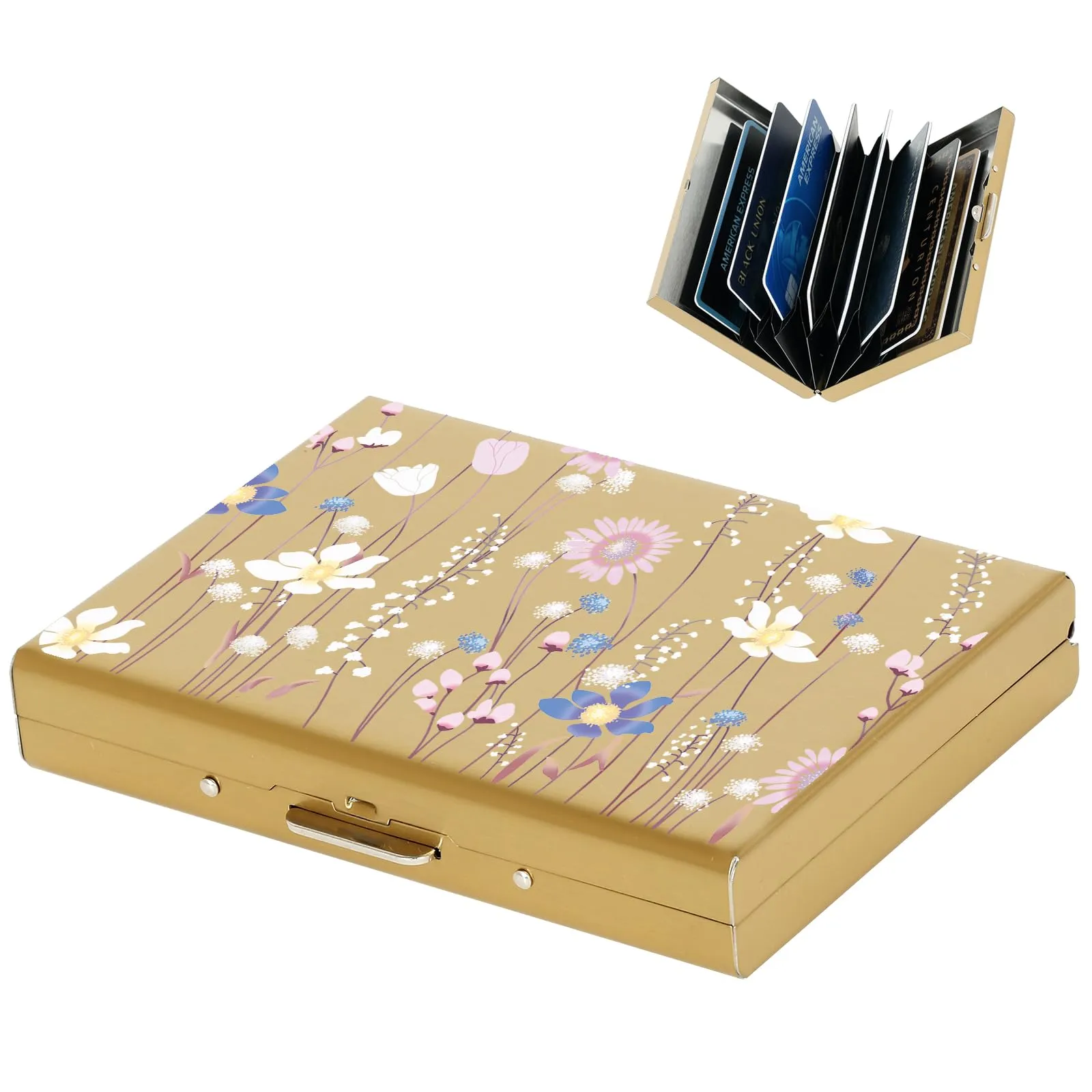 BONSYL Porta Carte di Credito in Acciaio Inossidabile con Blocco RFID, 8 Slot, Oro Fiore - immagine 1