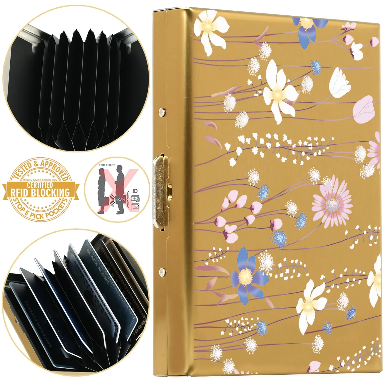 BONSYL Porta Carte di Credito in Acciaio Inossidabile con Blocco RFID, 8 Slot, Oro Fiore - immagine 6