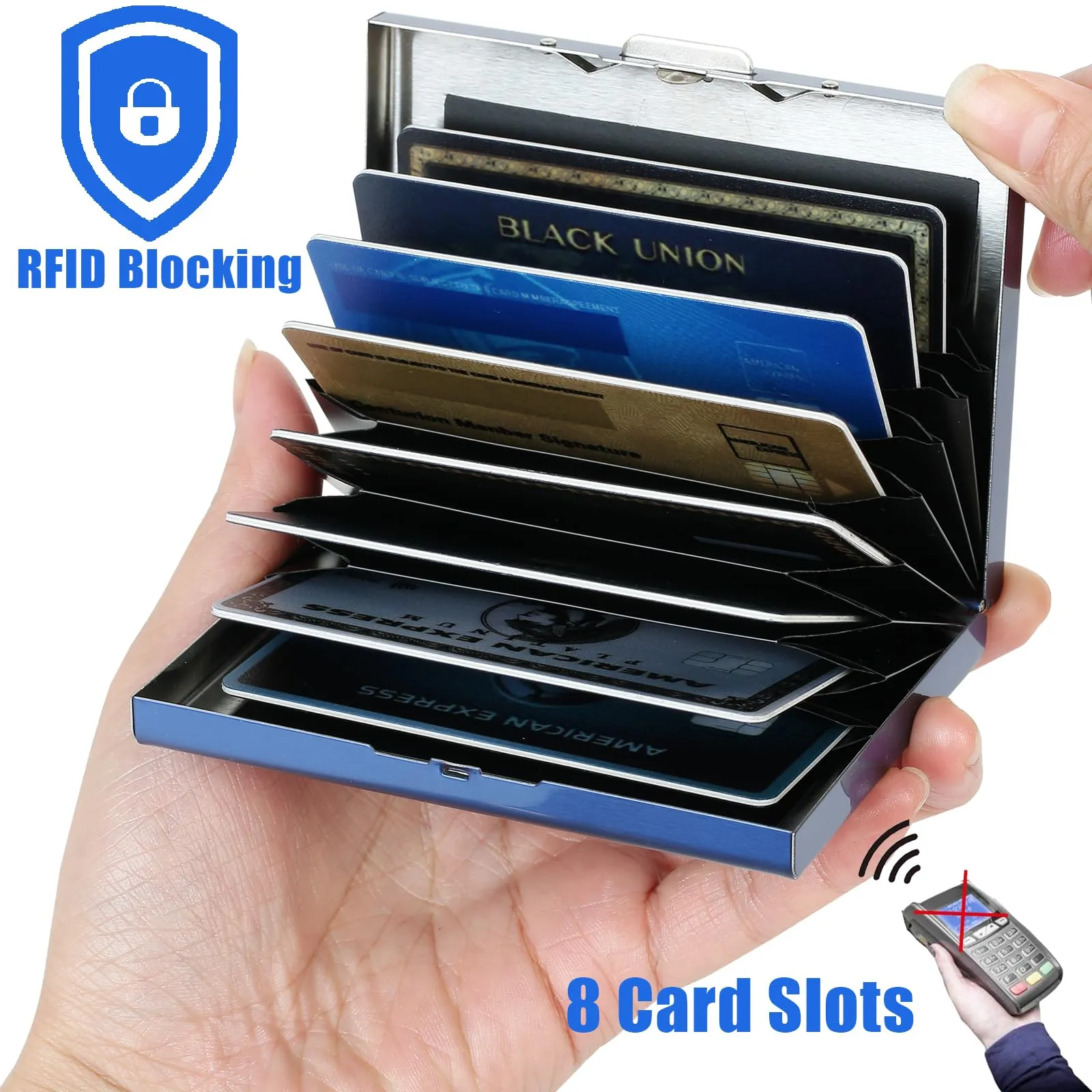 BONSYL Porta Carte di Credito in Metallo con Protezione RFID, 8 Scomparti, Blu/Fiore - immagine 2