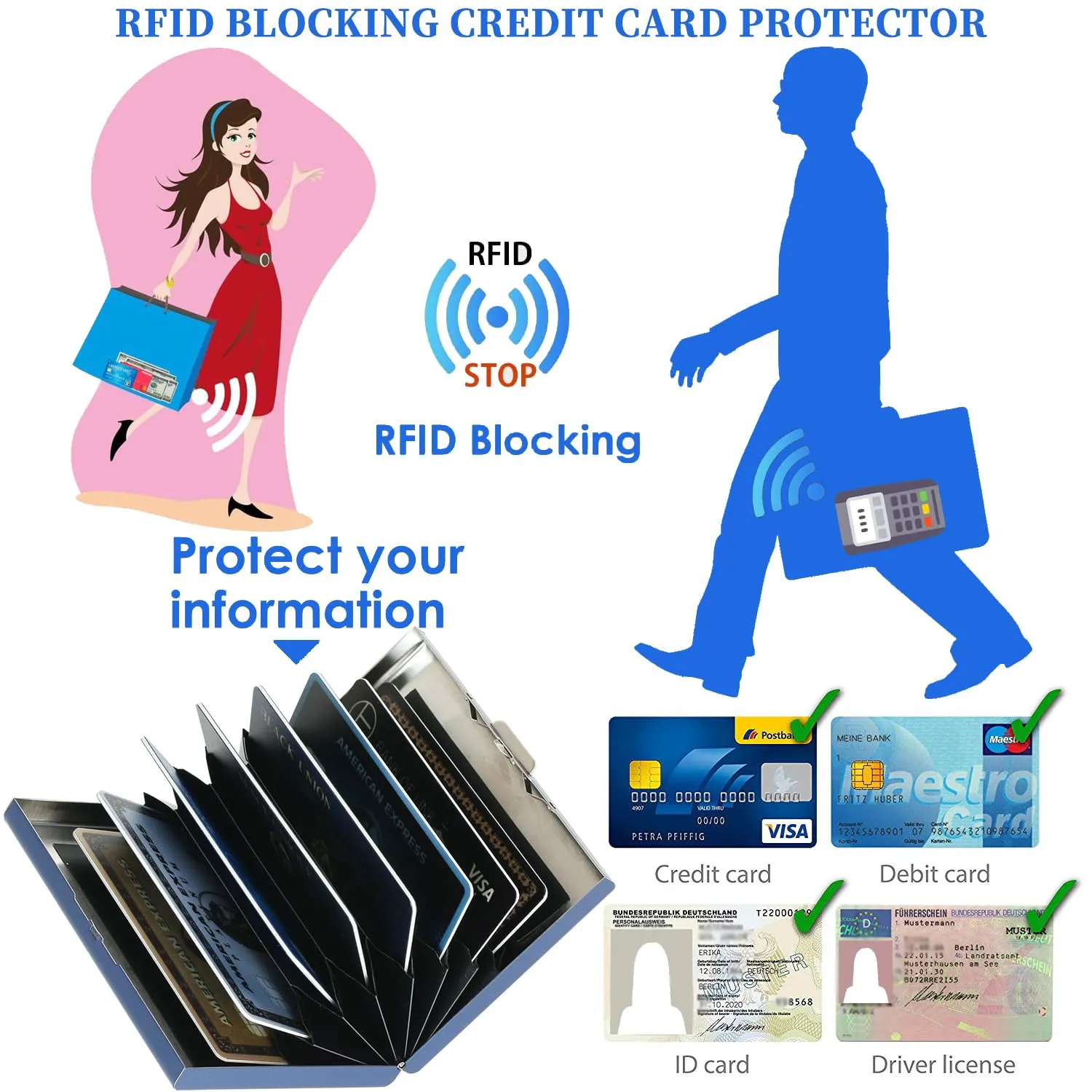 BONSYL Porta Carte di Credito in Metallo con Protezione RFID, 8 Scomparti, Blu/Fiore - immagine 5