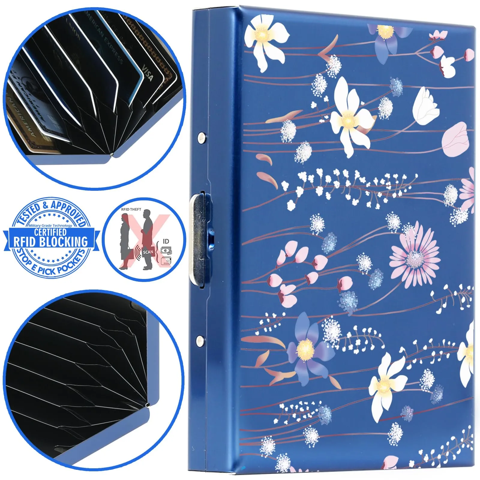 BONSYL Porta Carte di Credito in Metallo con Protezione RFID, 8 Scomparti, Blu/Fiore - immagine 6