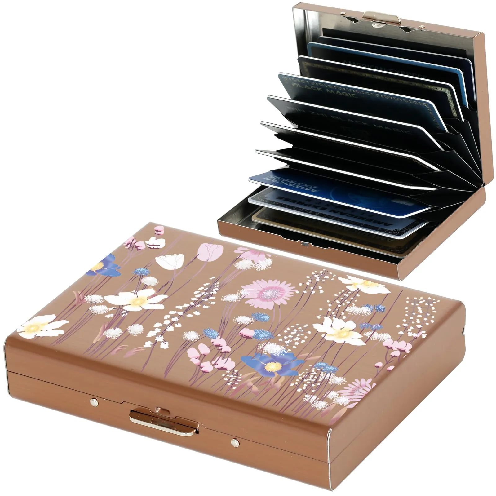 BONSYL Porta Carte di Credito in Acciaio Inossidabile con Blocco RFID, 10 Scomparti, Oro Rosa Fiore - immagine 1