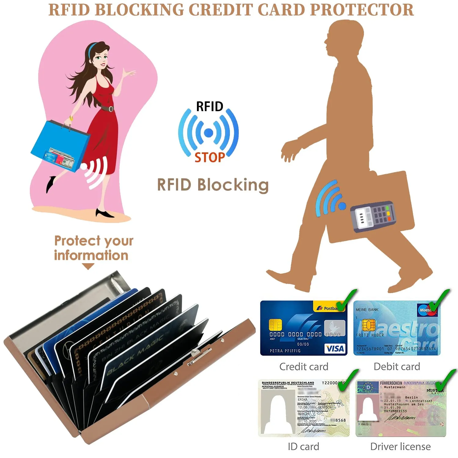 BONSYL Porta Carte di Credito in Acciaio Inossidabile con Blocco RFID, 10 Scomparti, Oro Rosa Fiore - immagine 5