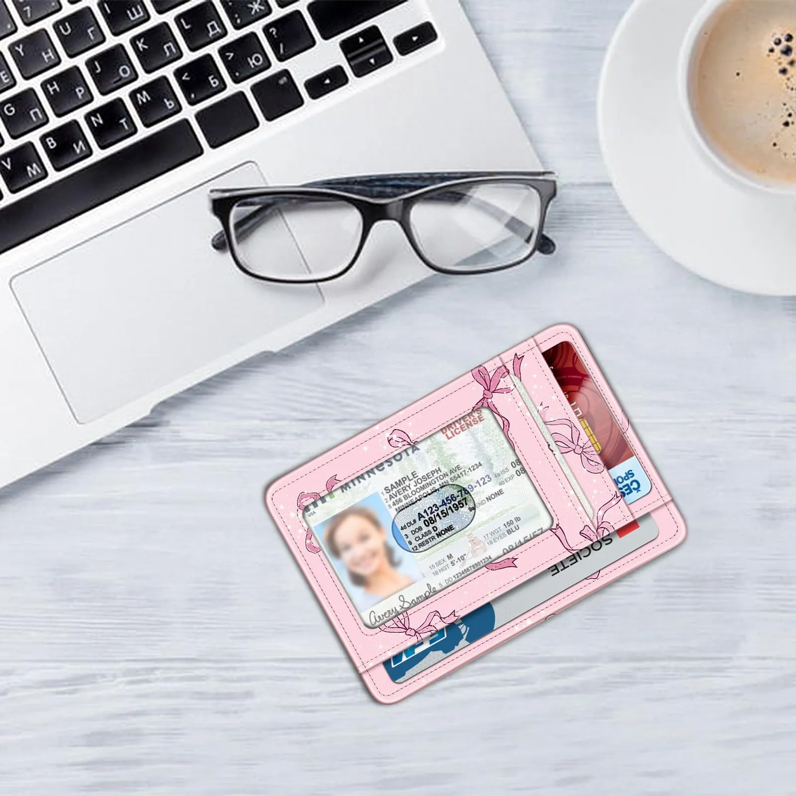 FINTIE Portafoglio Sottile con Tasca Frontale e Blocco RFID - Rosa Fiocco - immagine 2
