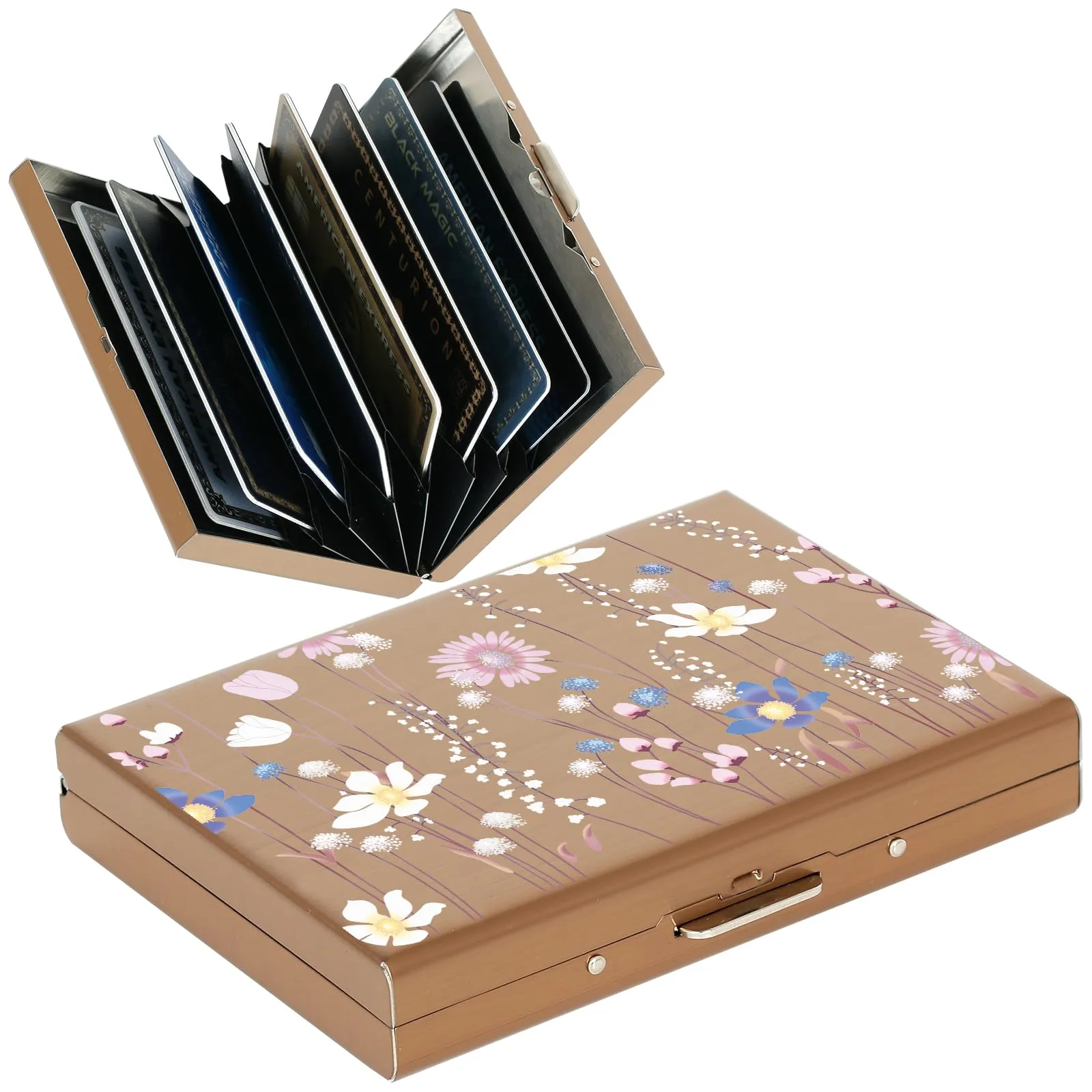 BONSYL Porta Carte di Credito in Acciaio Inossidabile con Blocco RFID, 8 Scomparti, Oro Rosa Fiore - immagine 1