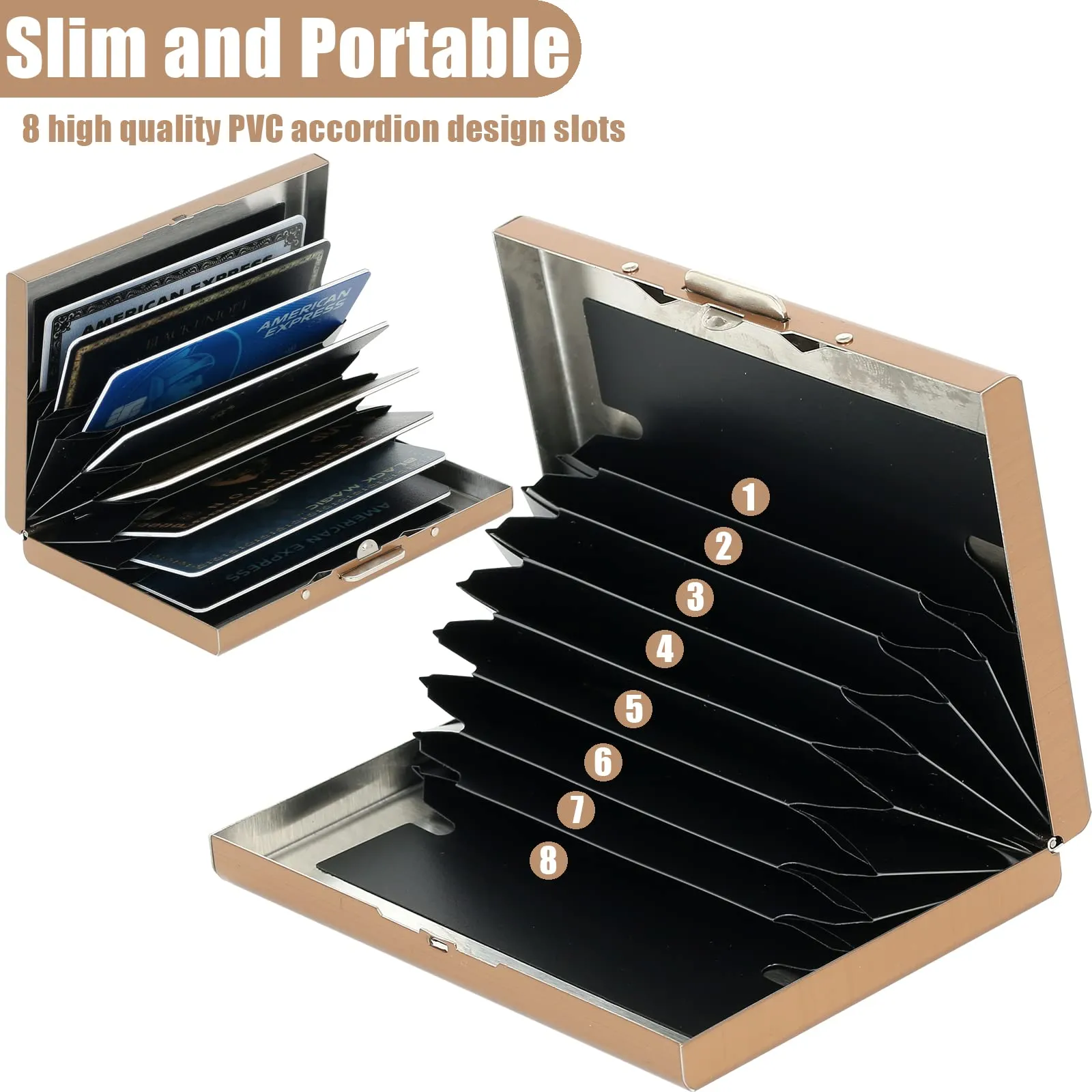 BONSYL Porta Carte di Credito in Acciaio Inossidabile con Blocco RFID, 8 Scomparti, Oro Rosa Fiore - immagine 3