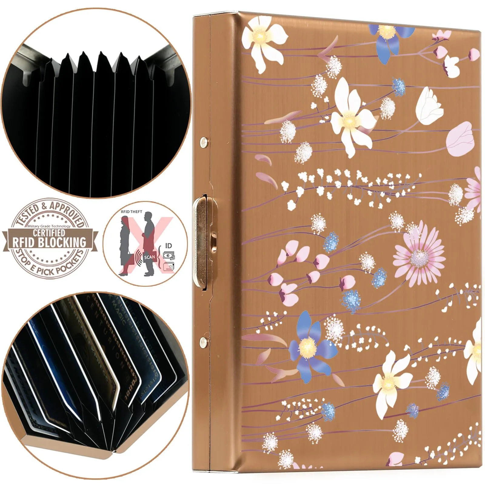 BONSYL Porta Carte di Credito in Acciaio Inossidabile con Blocco RFID, 8 Scomparti, Oro Rosa Fiore - immagine 6