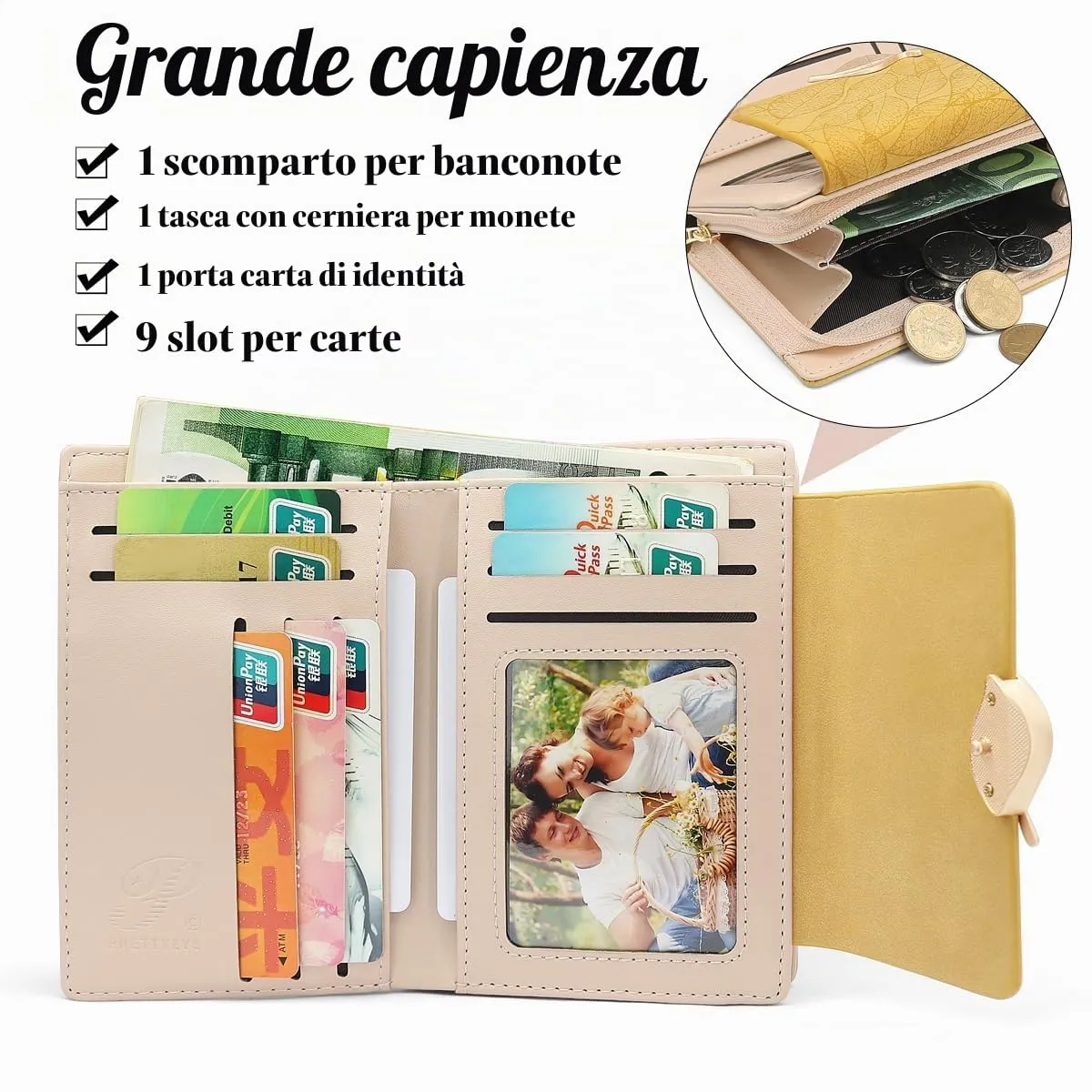 REETEE Portafoglio Donna in Pelle PU Slim Formato Corto con Cerniera Portamonete e 10 Slot Carte, X-giallo - immagine 3