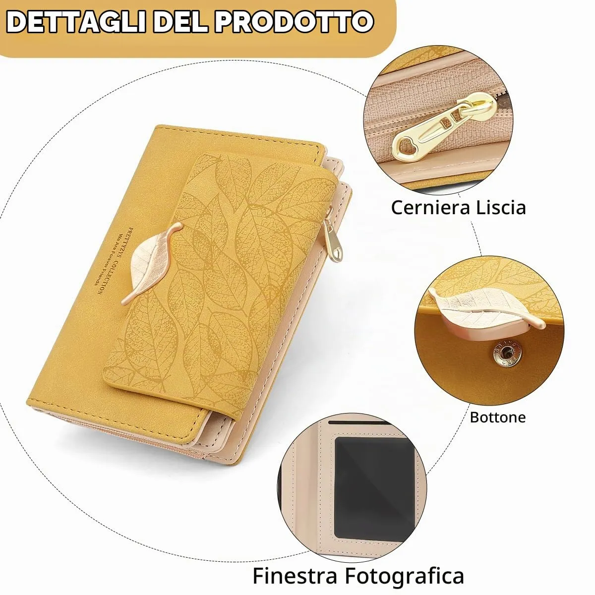 REETEE Portafoglio Donna in Pelle PU Slim Formato Corto con Cerniera Portamonete e 10 Slot Carte, X-giallo - immagine 4