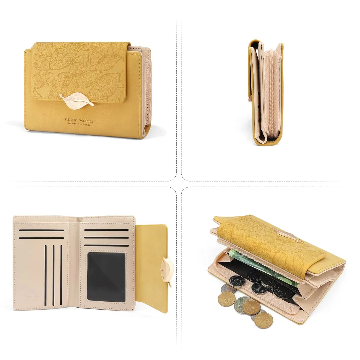 REETEE Portafoglio Donna in Pelle PU Slim Formato Corto con Cerniera Portamonete e 10 Slot Carte, X-giallo - immagine 6