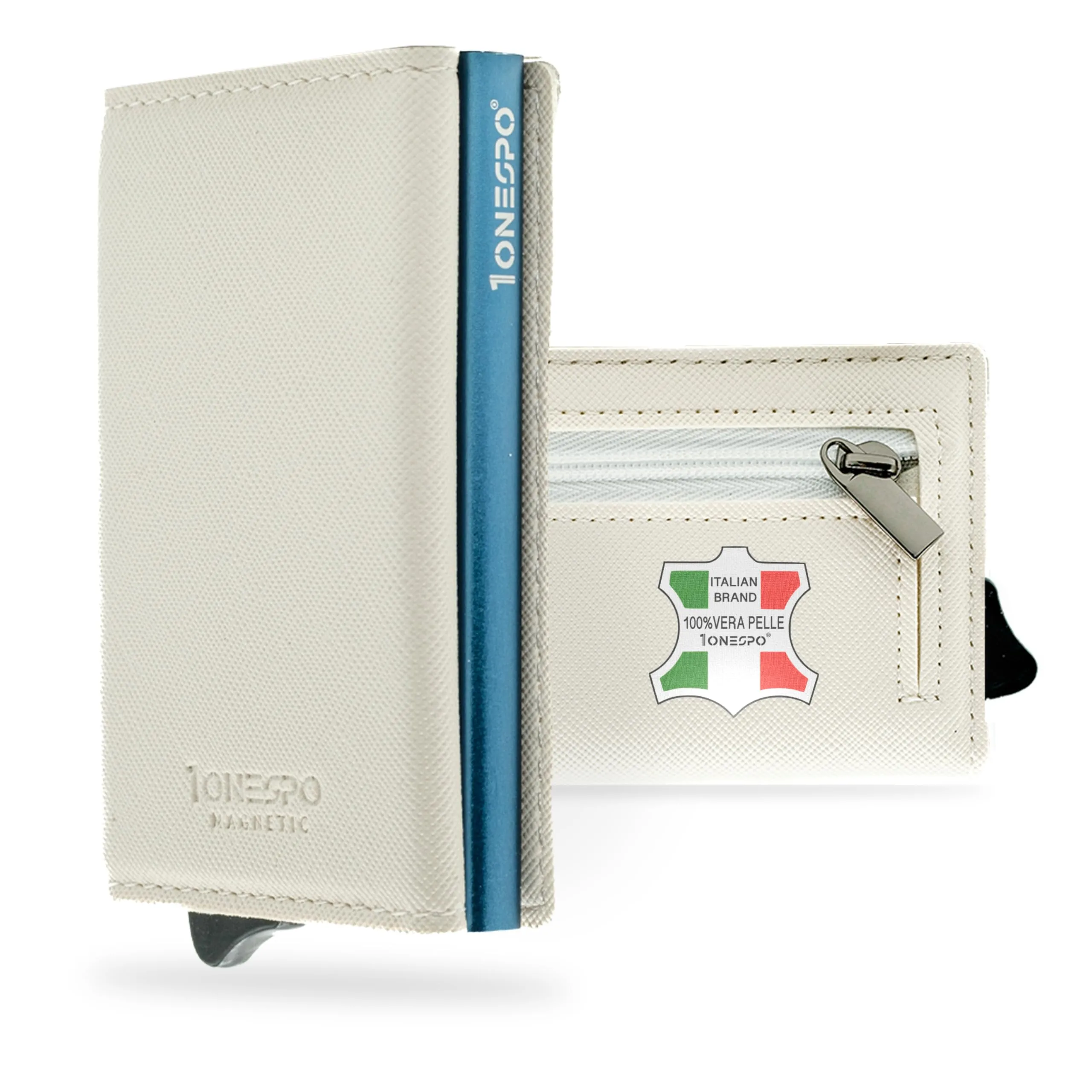 1ONESPO Portafoglio Uomo in Vera Pelle Saffiano Bianco, Porta Carte di Credito con Protezione RFID e Portamonete - immagine 1