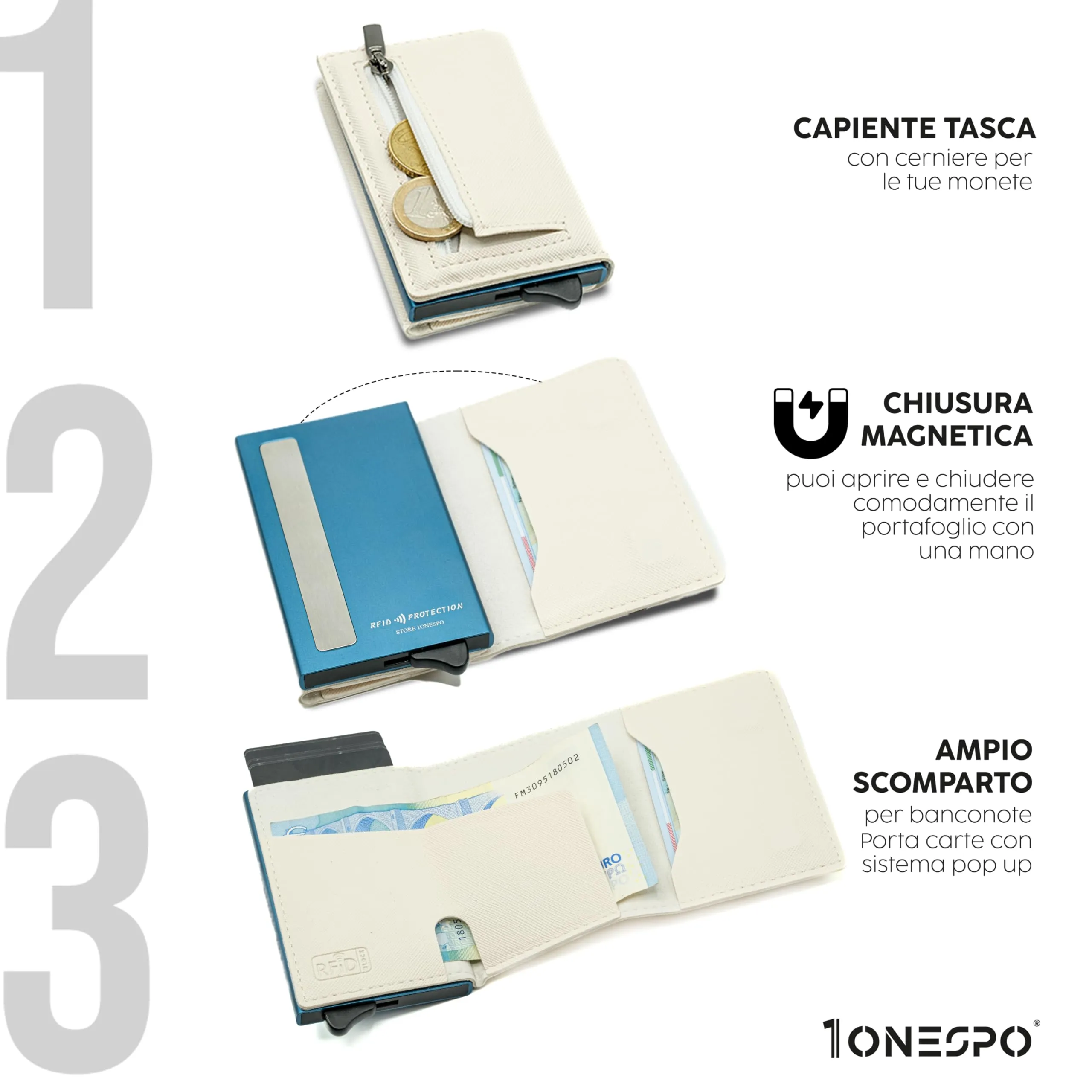 1ONESPO Portafoglio Uomo in Vera Pelle Saffiano Bianco, Porta Carte di Credito con Protezione RFID e Portamonete - immagine 3