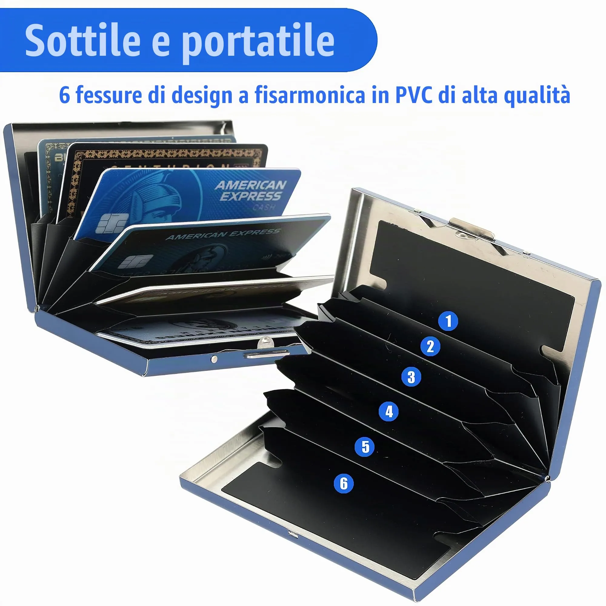 BONSYL Porta Carte di Credito in Acciaio Inossidabile con Blocco RFID, 6 Fessure, Blu - immagine 3