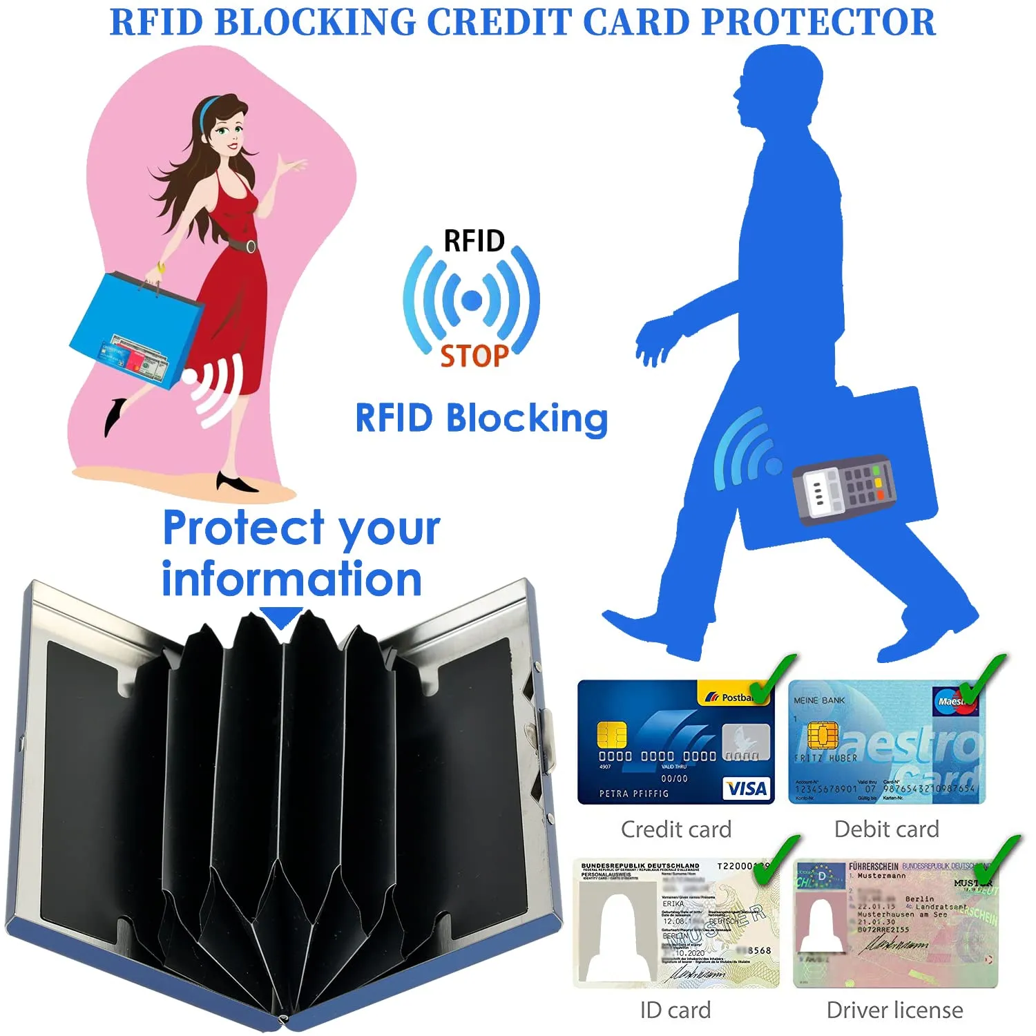BONSYL Porta Carte di Credito in Acciaio Inossidabile con Blocco RFID, 6 Fessure, Blu - immagine 5
