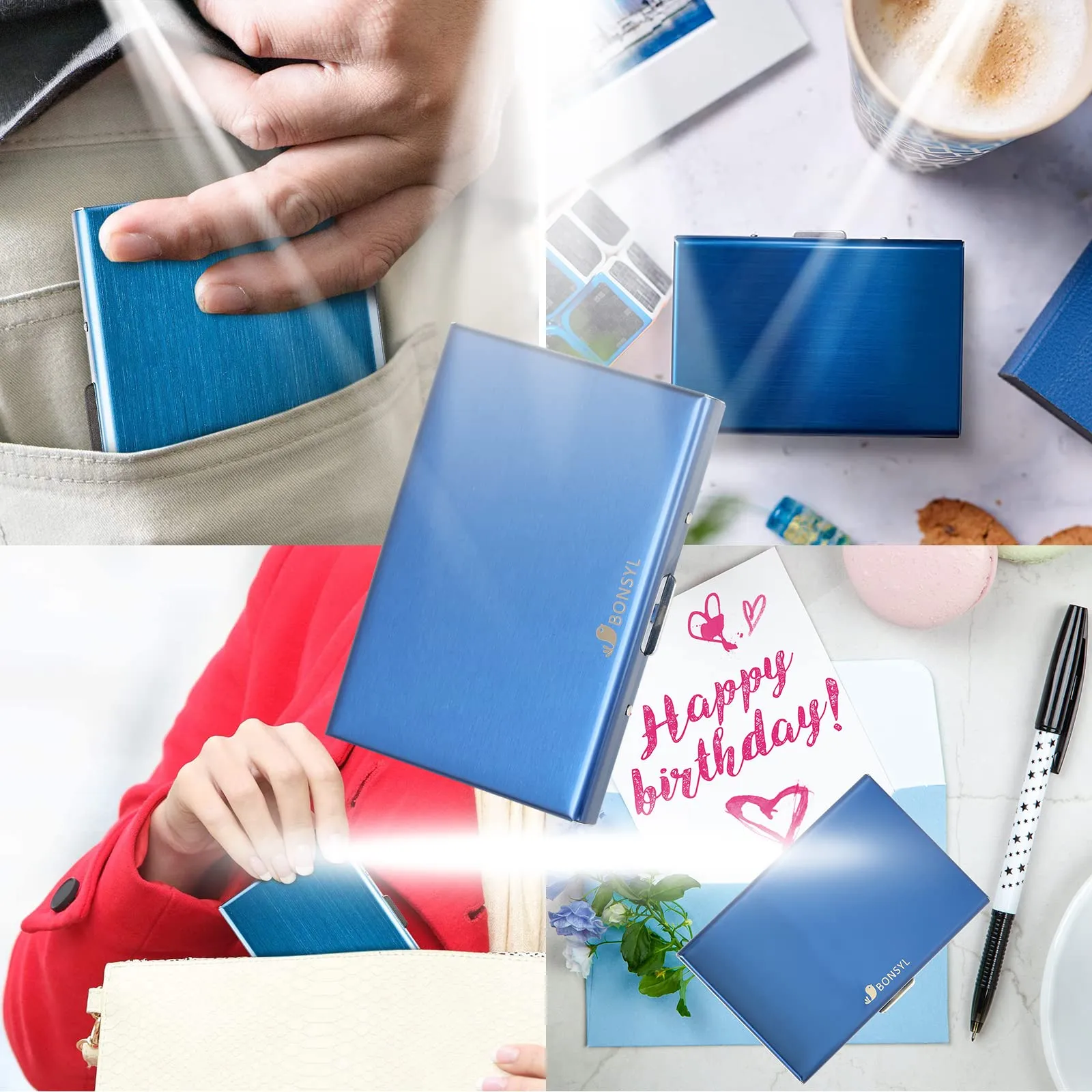 BONSYL Porta Carte di Credito in Acciaio Inossidabile con Blocco RFID, 6 Fessure, Blu - immagine 7