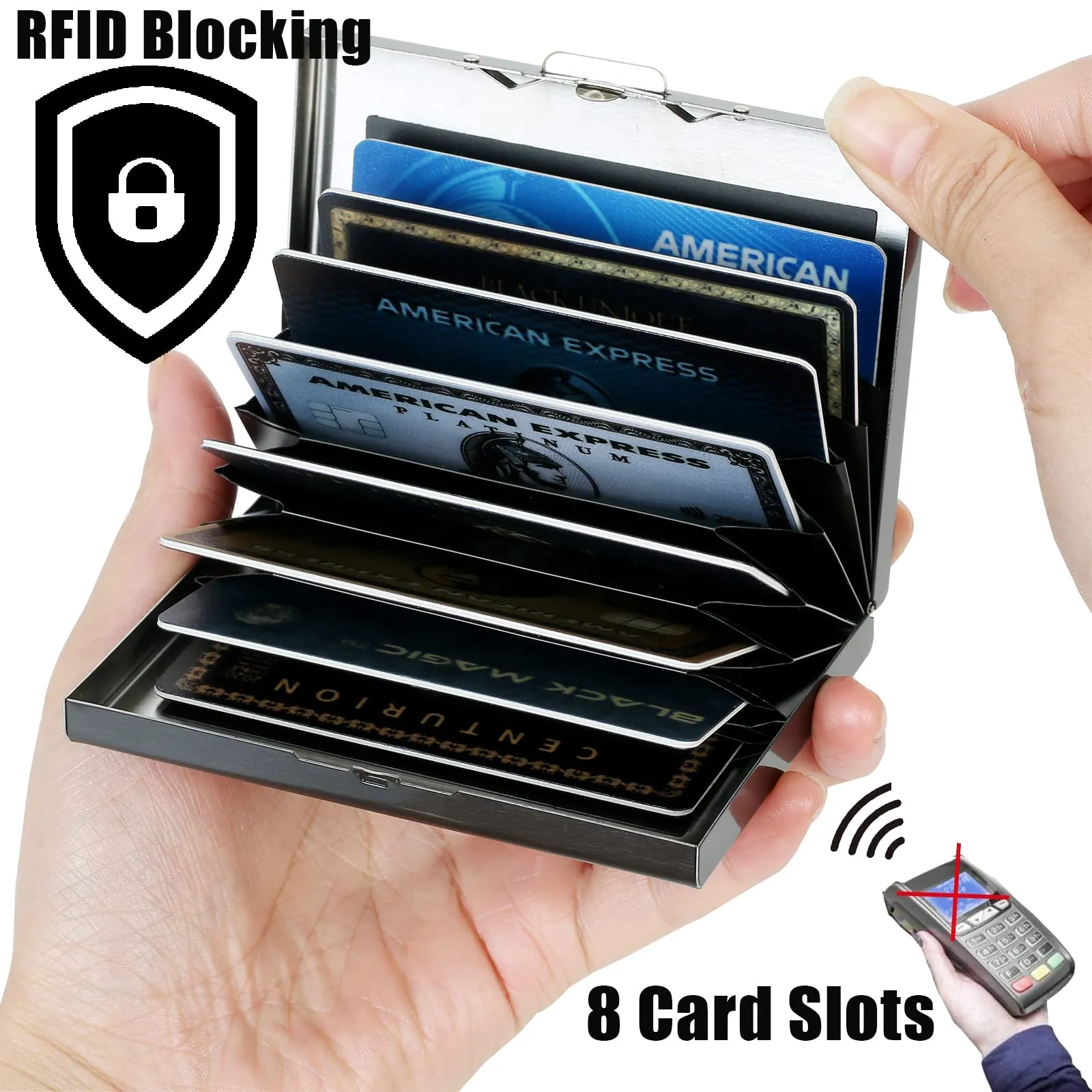 BONSYL Porta Carte di Credito in Acciaio Inossidabile con Blocco RFID, 8 Scomparti, Nero - immagine 2
