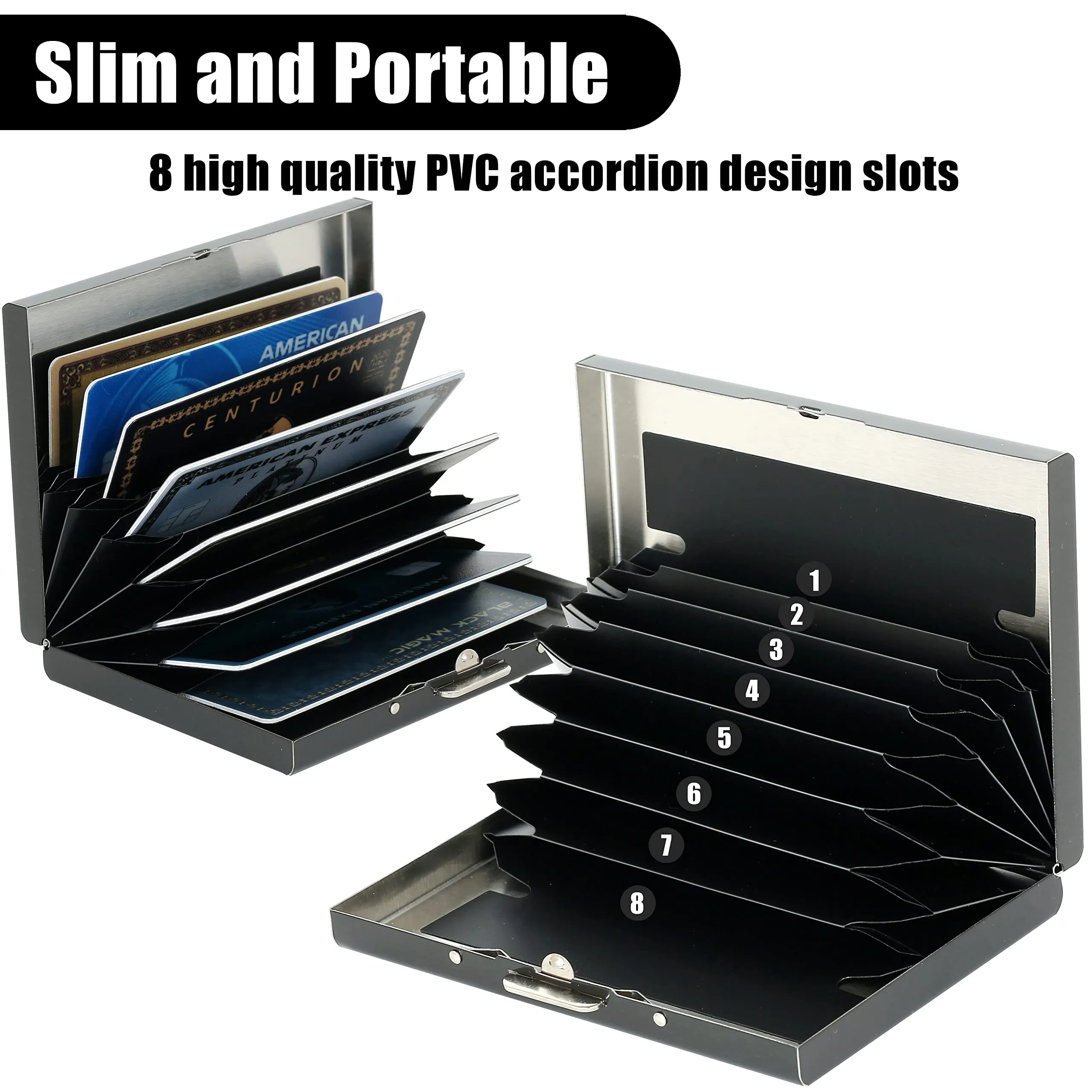 BONSYL Porta Carte di Credito in Acciaio Inossidabile con Blocco RFID, 8 Scomparti, Nero - immagine 3