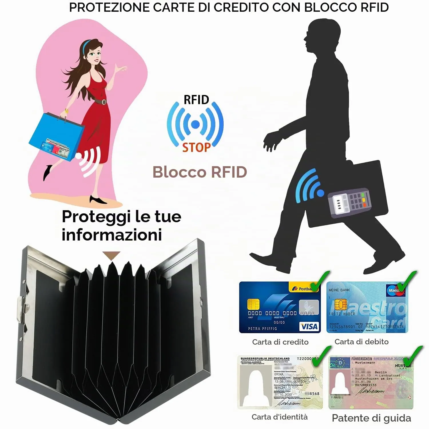 BONSYL Porta Carte di Credito in Acciaio Inossidabile con Blocco RFID, 8 Scomparti, Nero - immagine 5