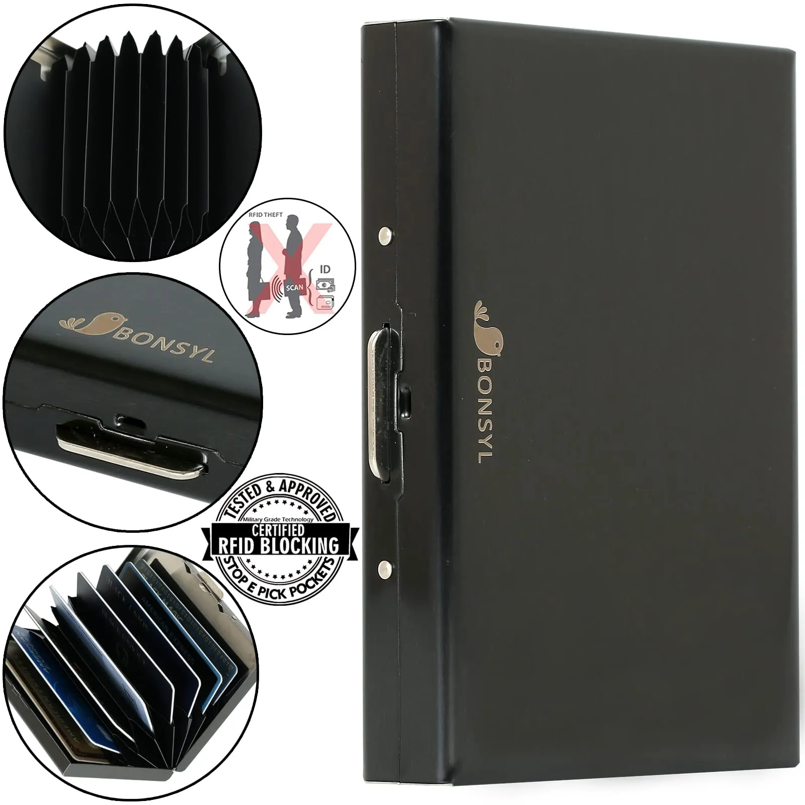 BONSYL Porta Carte di Credito in Acciaio Inossidabile con Blocco RFID, 8 Scomparti, Nero - immagine 6