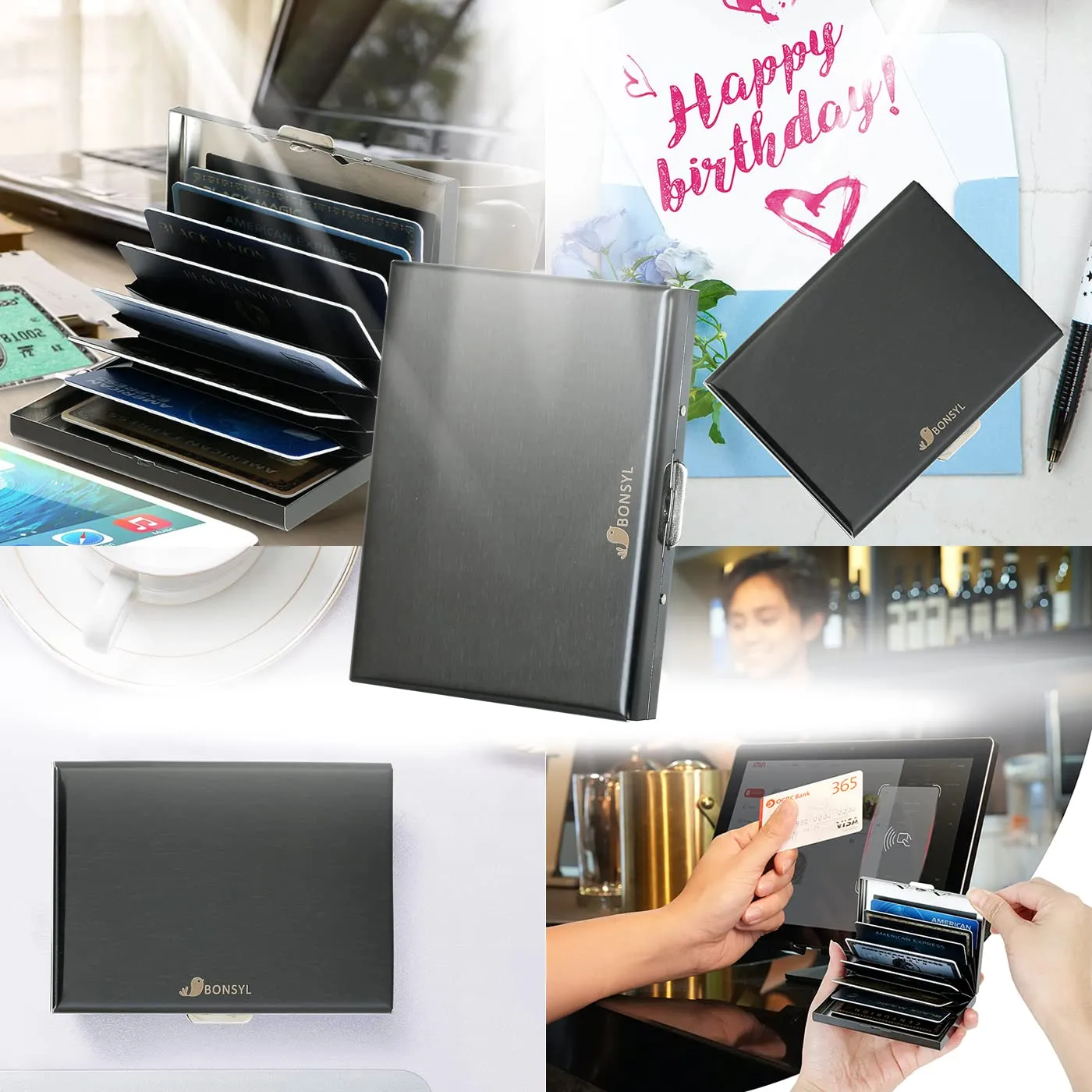 BONSYL Porta Carte di Credito in Acciaio Inossidabile con Blocco RFID, 8 Scomparti, Nero - immagine 7