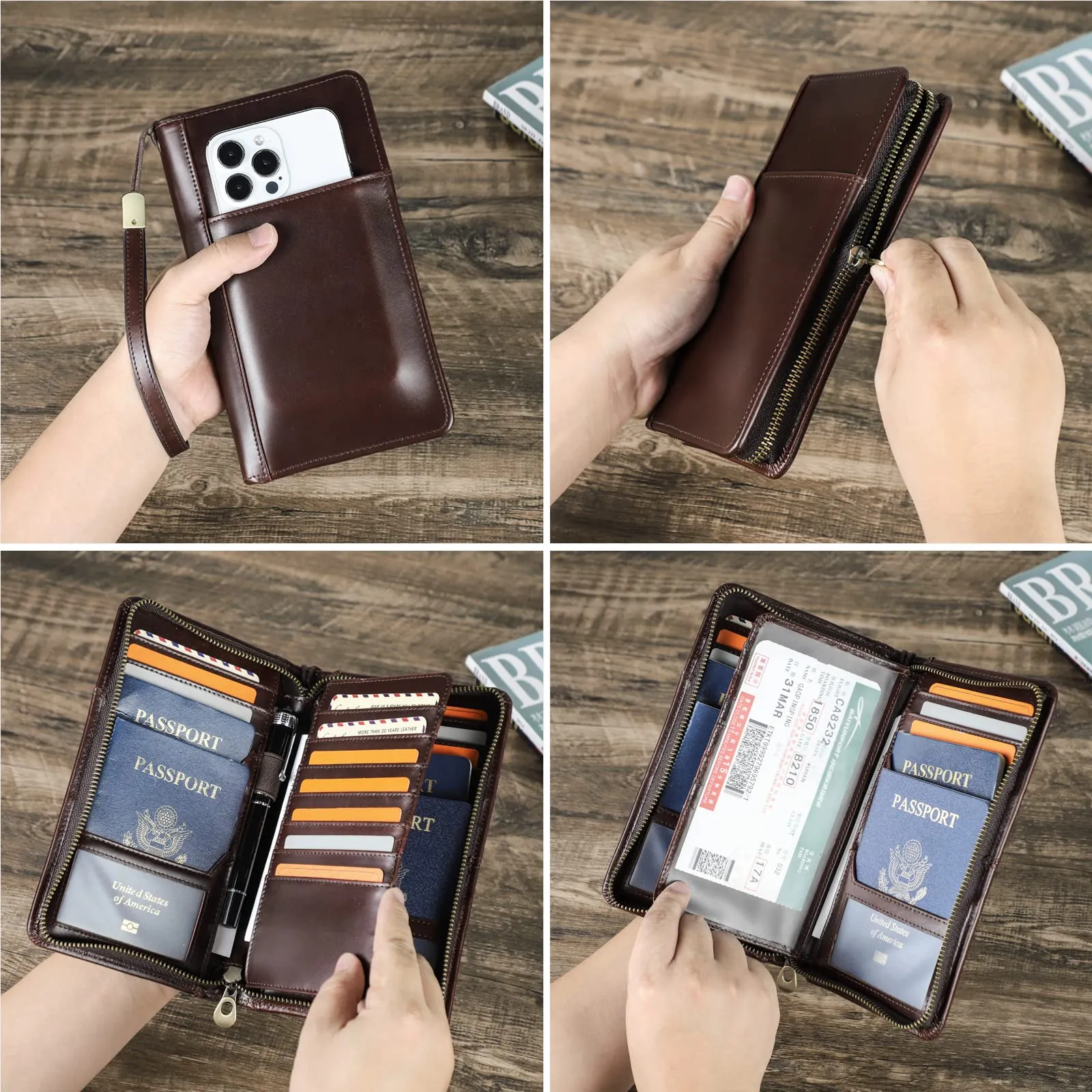 CONTACTS Frizione da viaggio in vera pelle per uomo con cinturino, blocco RFID, borsa porta passaporto e telefono, marrone - immagine 2