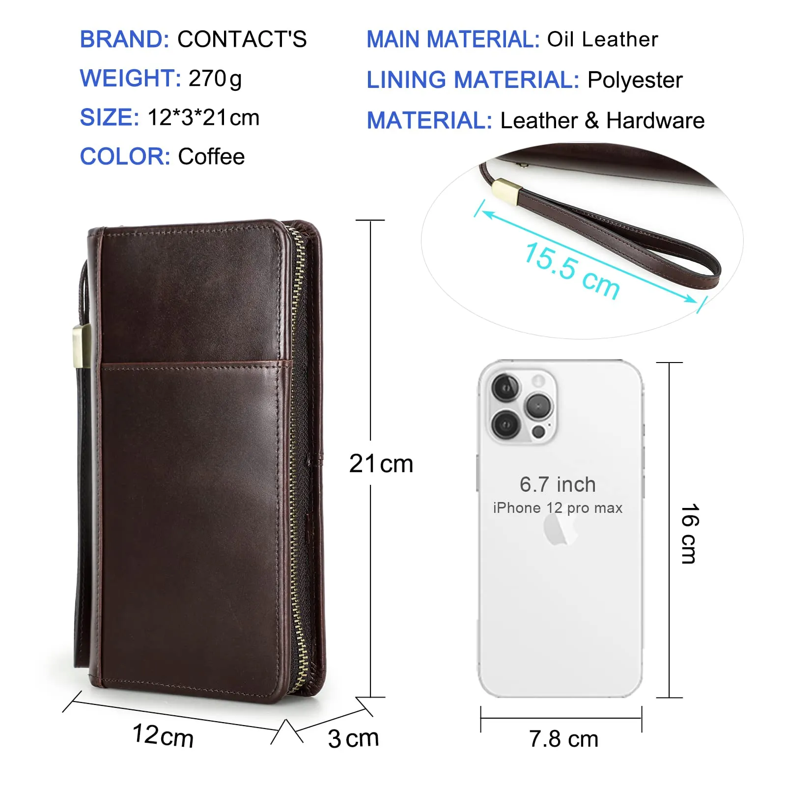 CONTACTS Frizione da viaggio in vera pelle per uomo con cinturino, blocco RFID, borsa porta passaporto e telefono, marrone - immagine 3