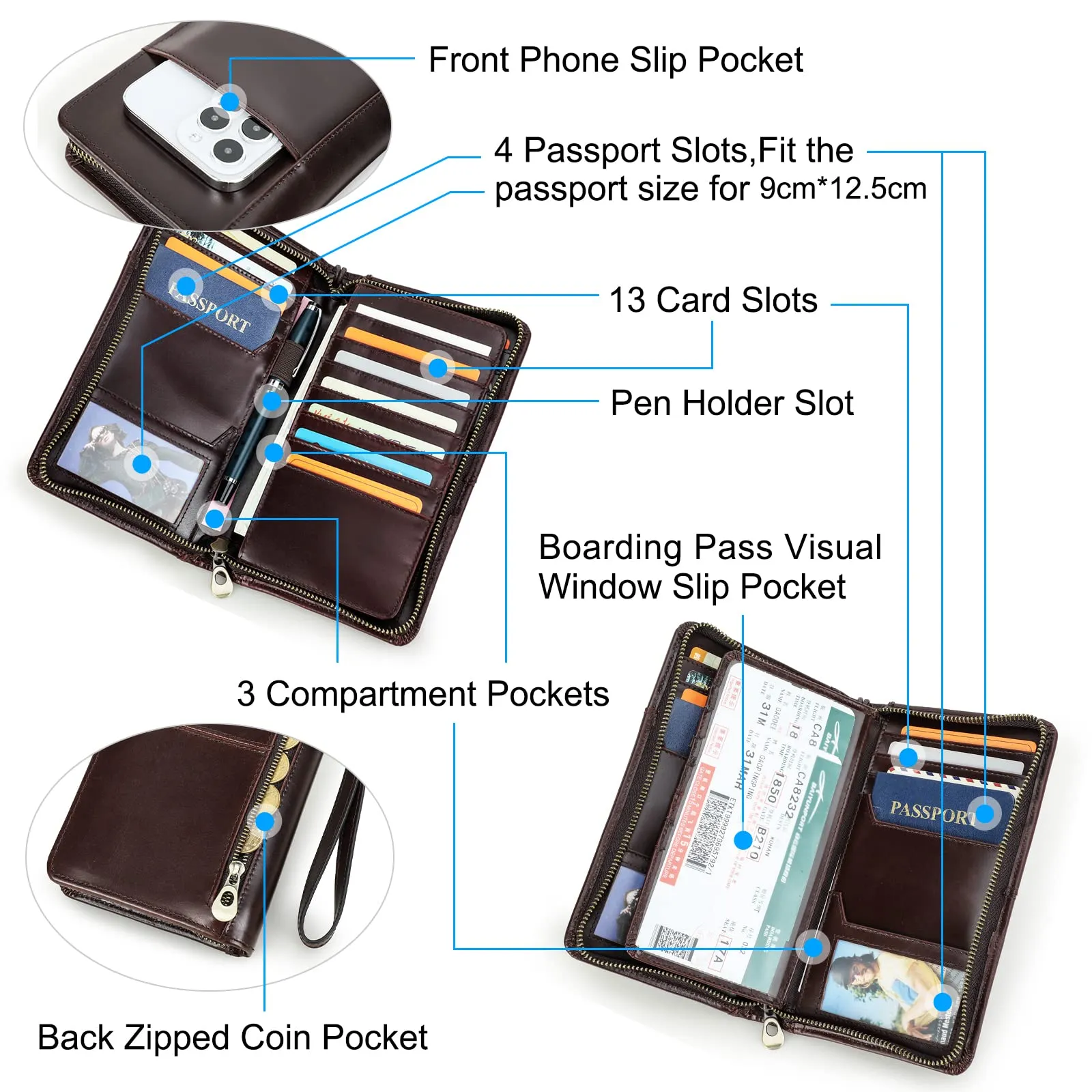 CONTACTS Frizione da viaggio in vera pelle per uomo con cinturino, blocco RFID, borsa porta passaporto e telefono, marrone - immagine 5