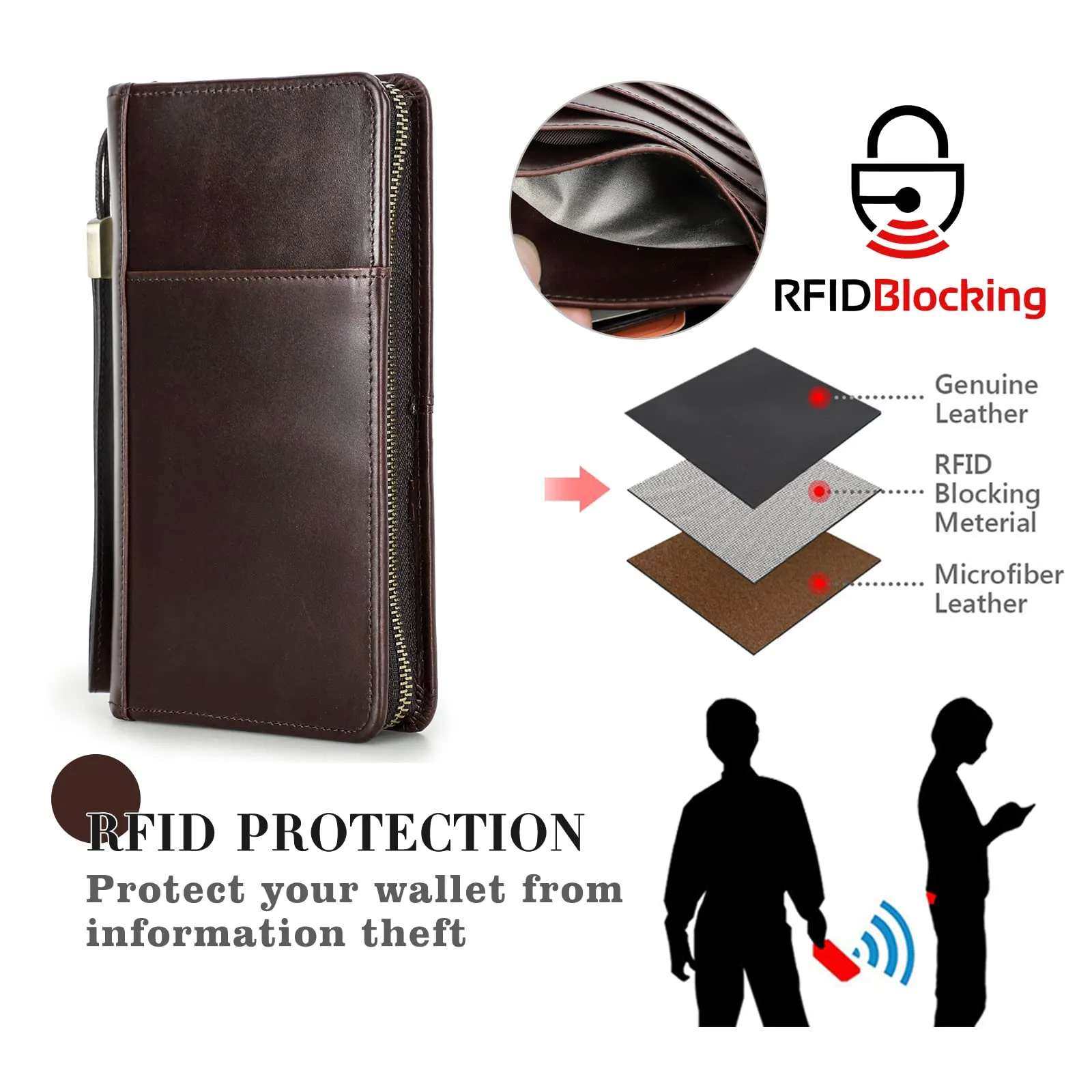 CONTACTS Frizione da viaggio in vera pelle per uomo con cinturino, blocco RFID, borsa porta passaporto e telefono, marrone - immagine 6