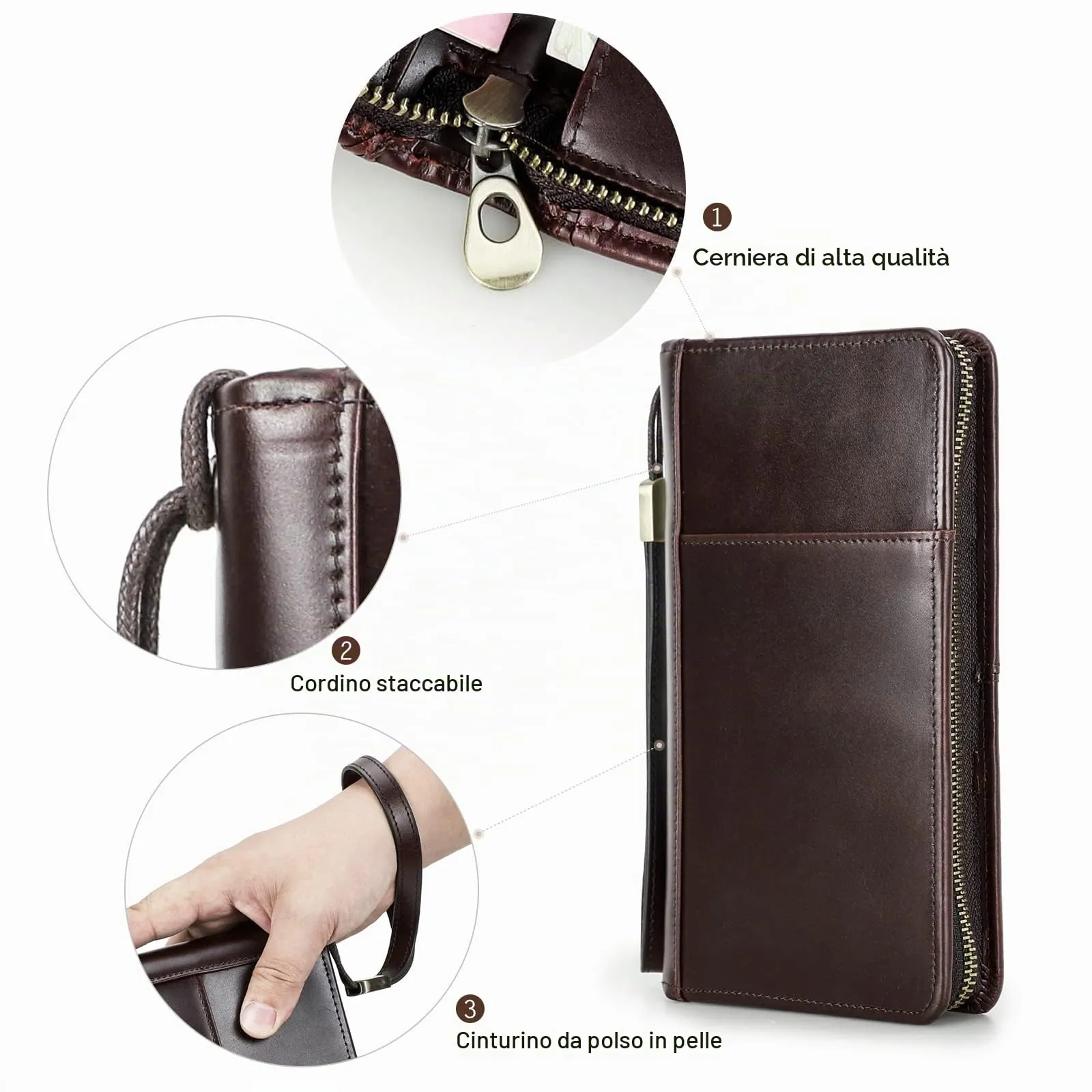 CONTACTS Frizione da viaggio in vera pelle per uomo con cinturino, blocco RFID, borsa porta passaporto e telefono, marrone - immagine 7