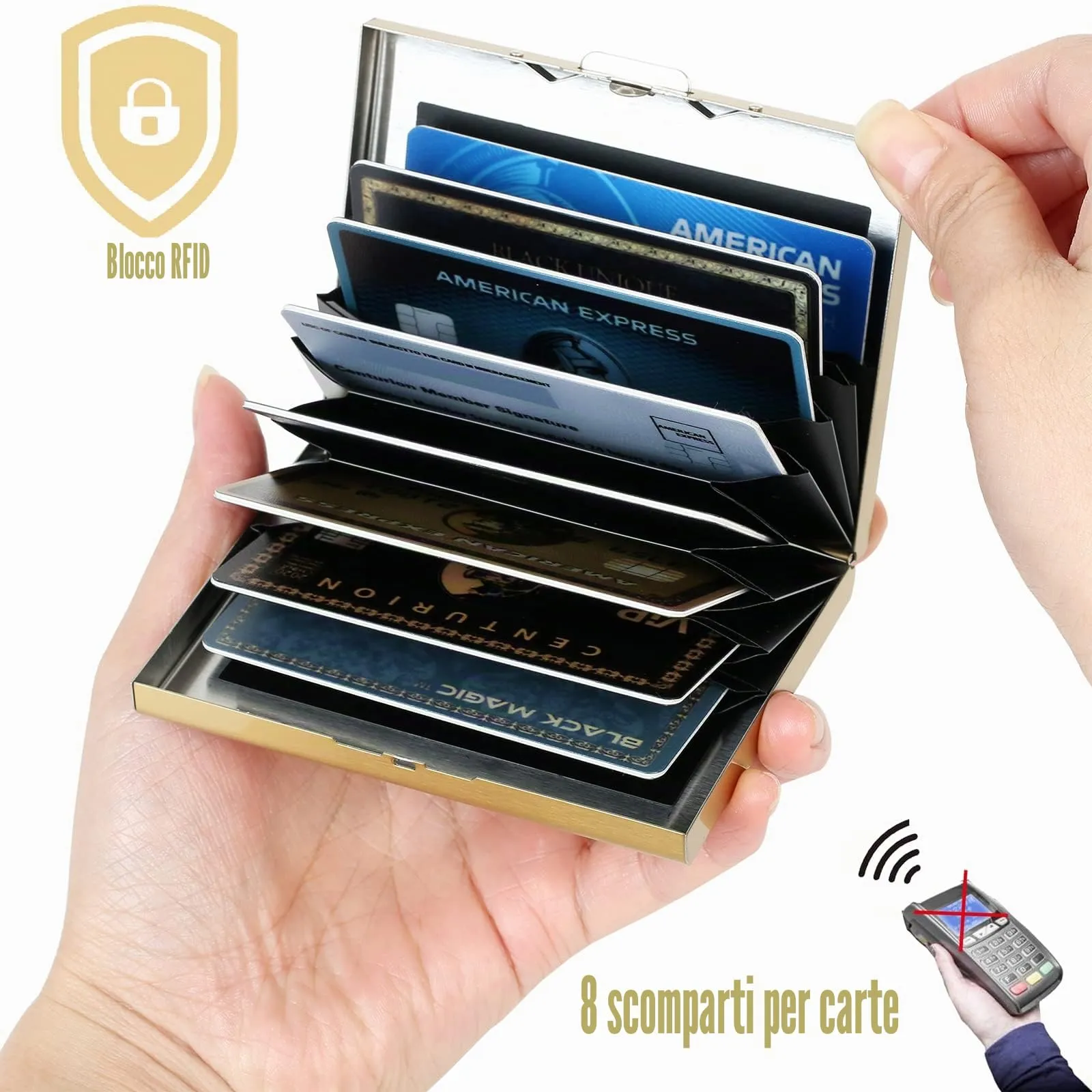 BONSYL Porta Carte di Credito in Acciaio Inossidabile con Blocco RFID, 8 Slot, Oro - immagine 2