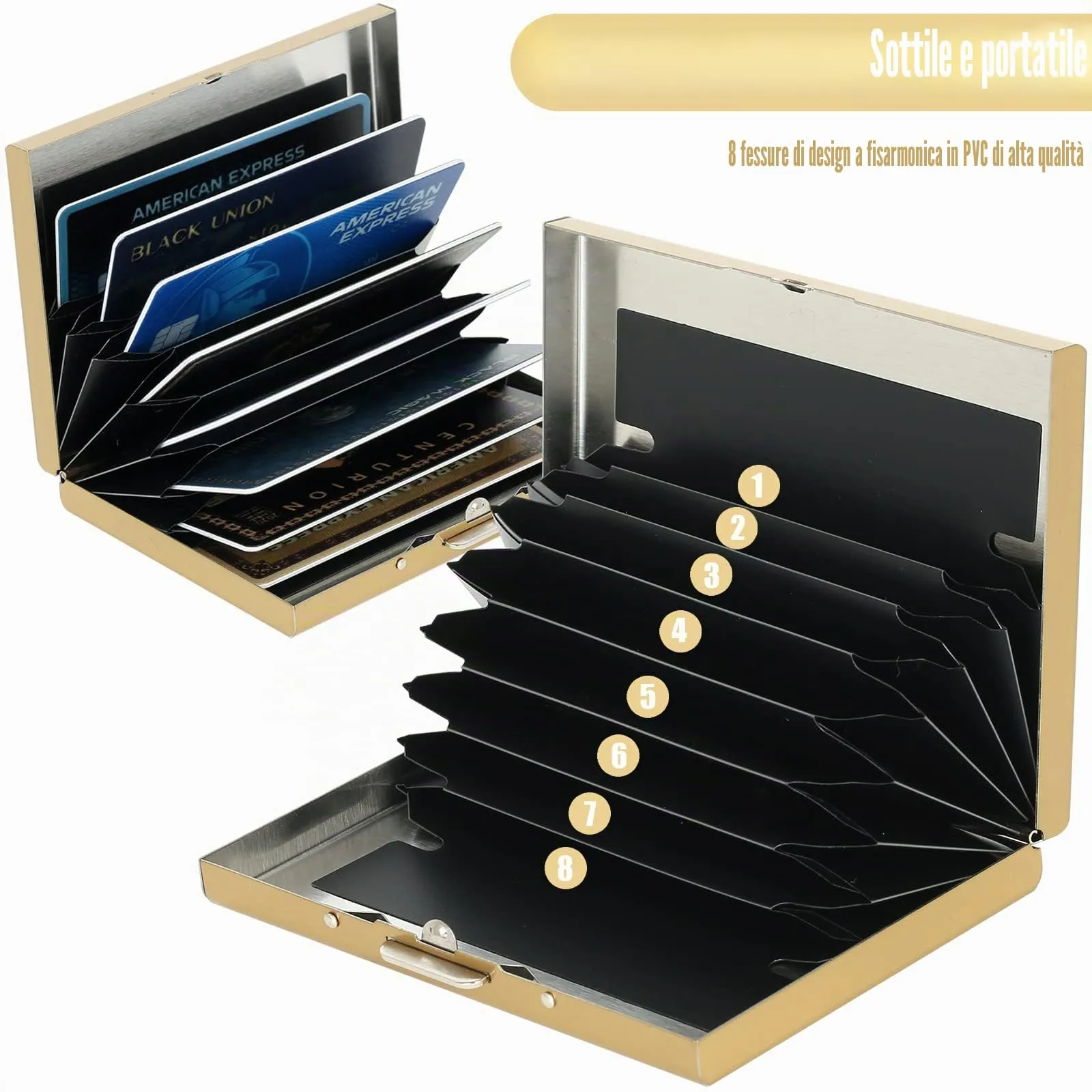 BONSYL Porta Carte di Credito in Acciaio Inossidabile con Blocco RFID, 8 Slot, Oro - immagine 3