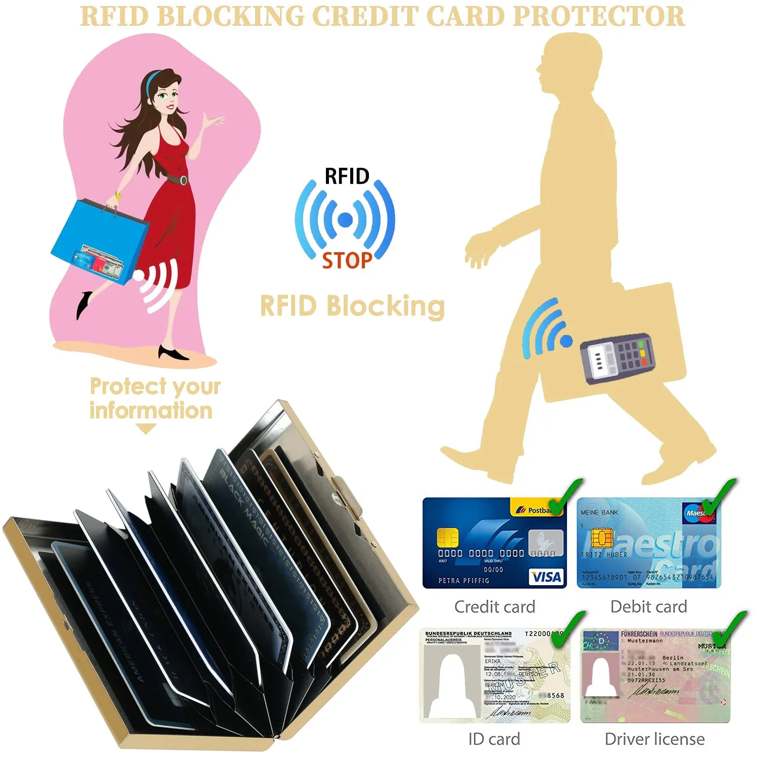 BONSYL Porta Carte di Credito in Acciaio Inossidabile con Blocco RFID, 8 Slot, Oro - immagine 5