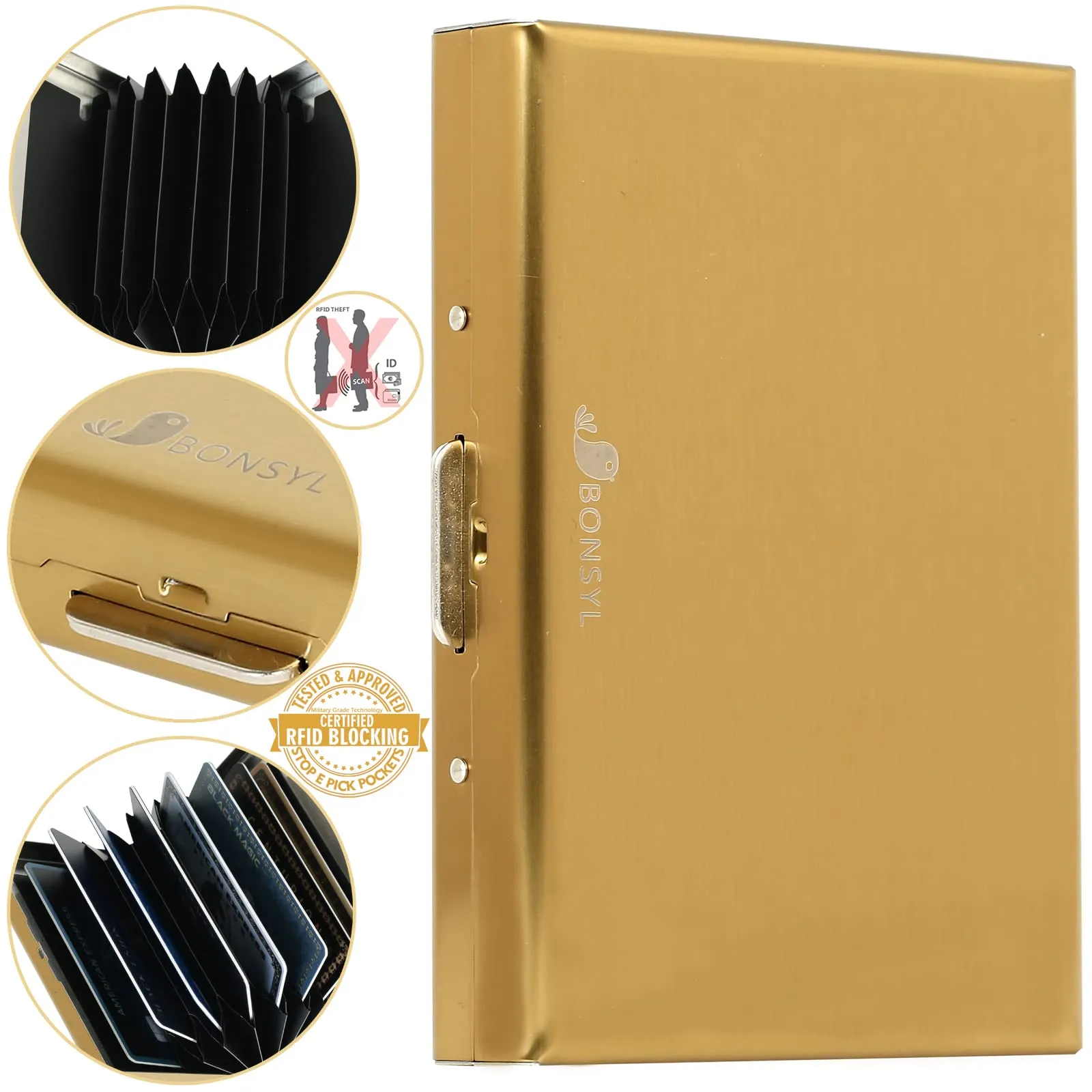 BONSYL Porta Carte di Credito in Acciaio Inossidabile con Blocco RFID, 8 Slot, Oro - immagine 6