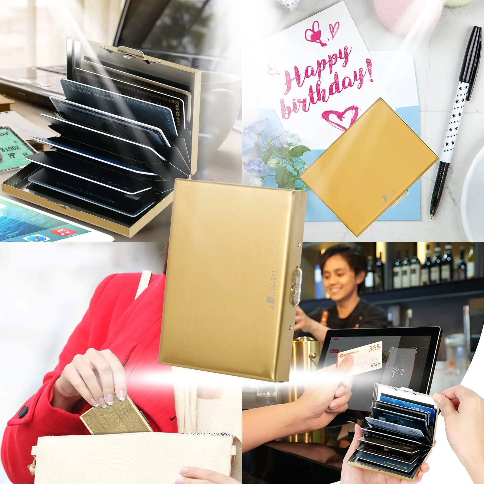 BONSYL Porta Carte di Credito in Acciaio Inossidabile con Blocco RFID, 8 Slot, Oro - immagine 7