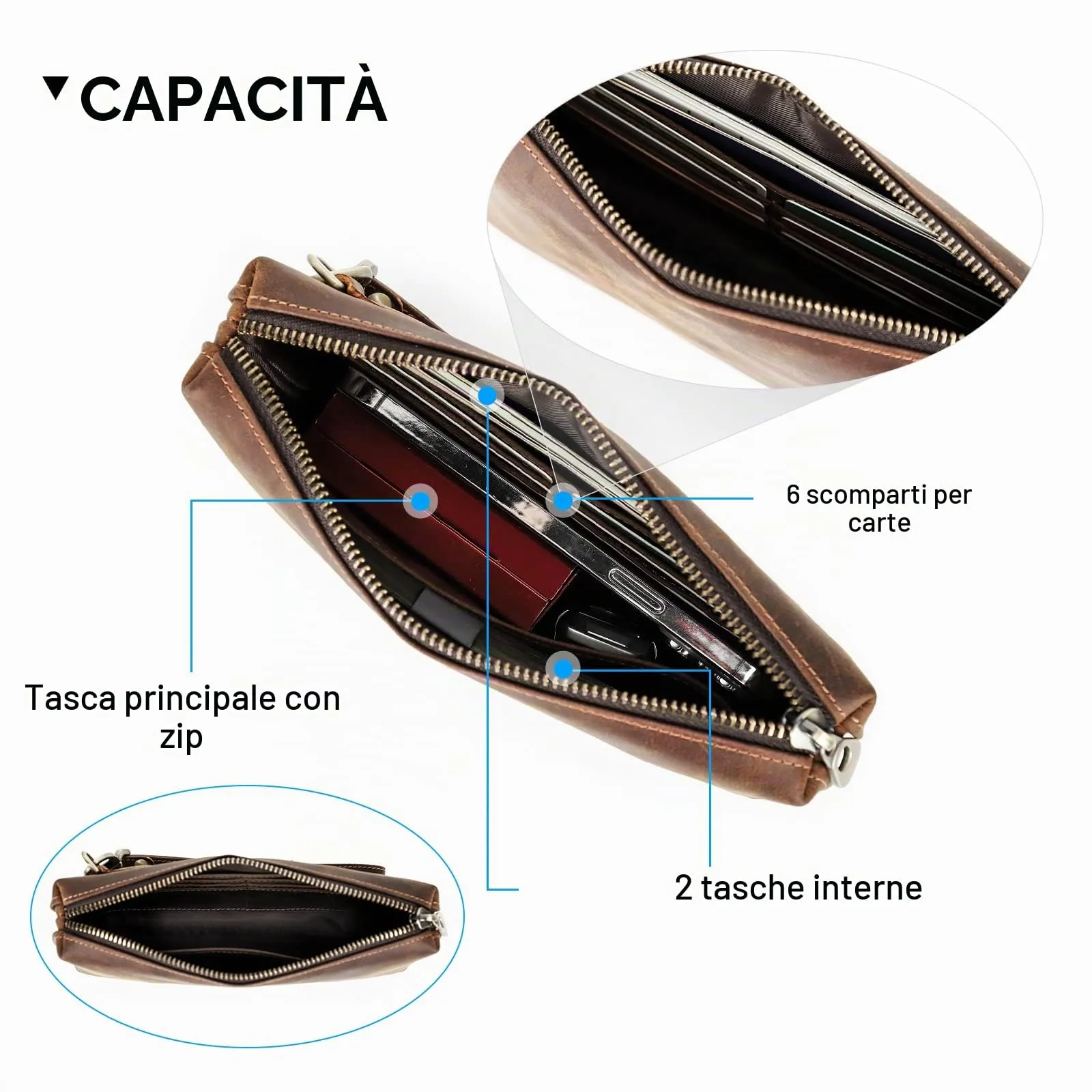 CONTACTS Pochette da Viaggio da Uomo in Vera Pelle con Cinturino da Polso e Blocco RFID - immagine 3
