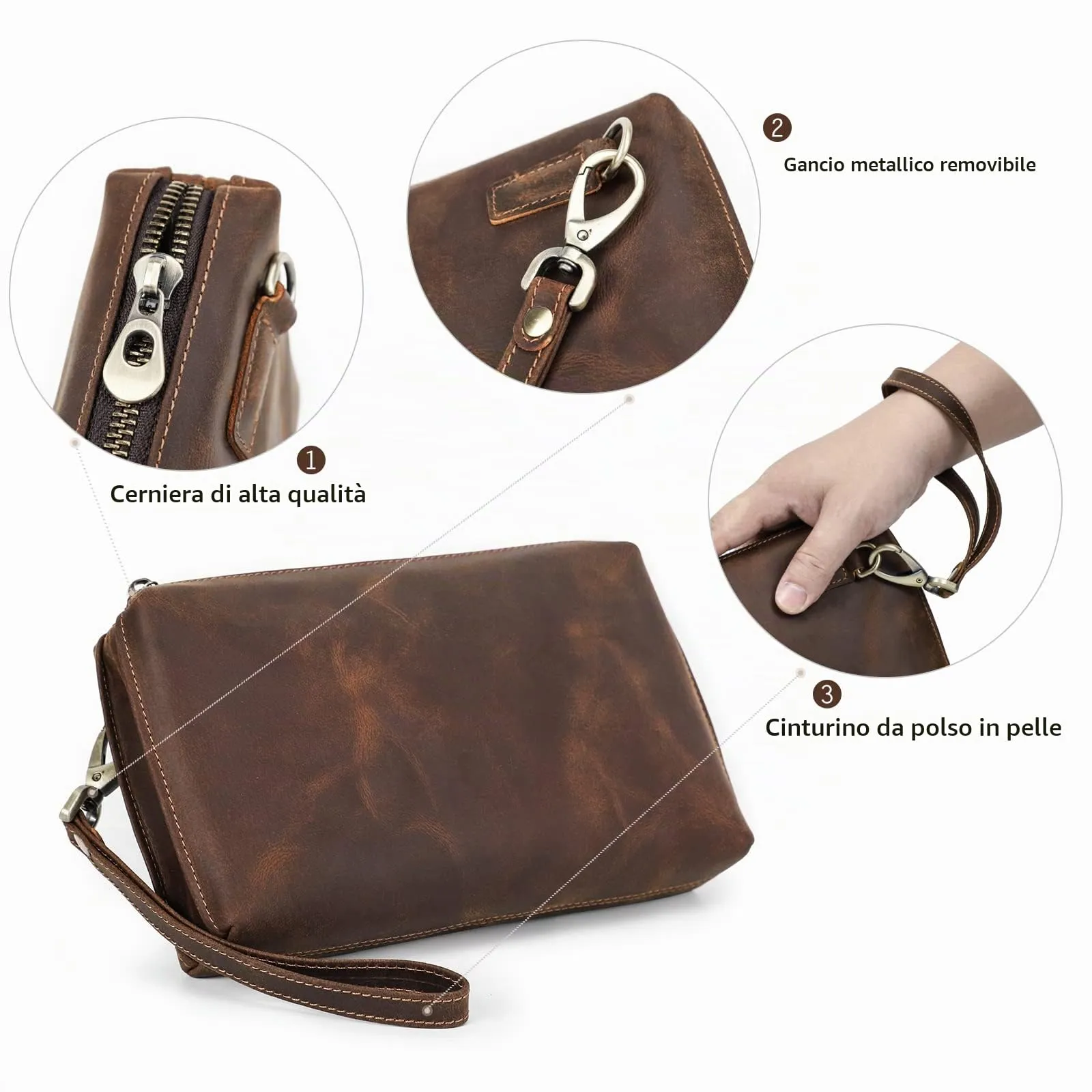 CONTACTS Pochette da Viaggio da Uomo in Vera Pelle con Cinturino da Polso e Blocco RFID - immagine 5