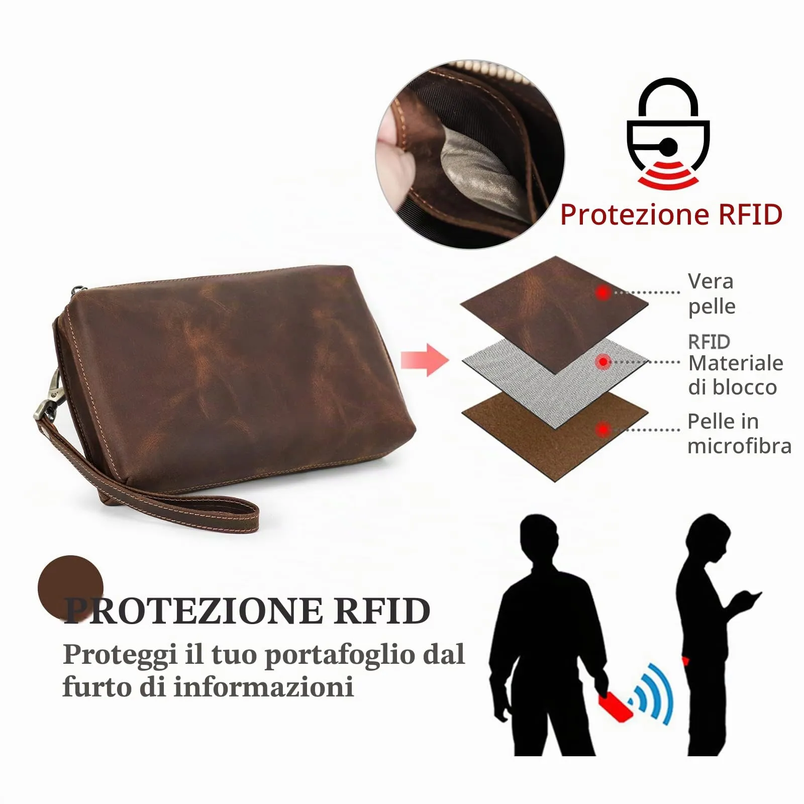 CONTACTS Pochette da Viaggio da Uomo in Vera Pelle con Cinturino da Polso e Blocco RFID - immagine 6