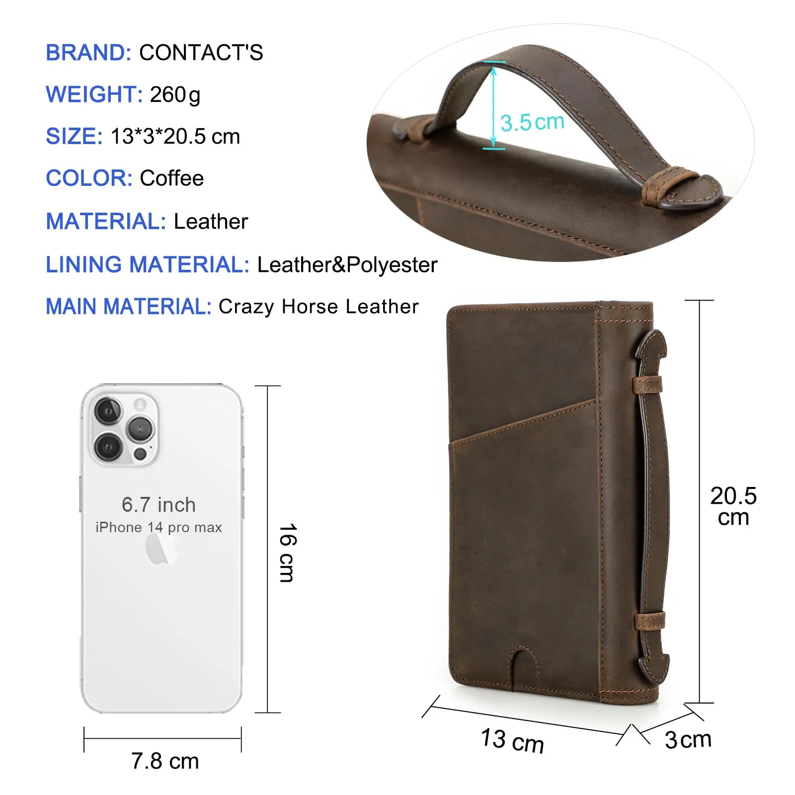 CONTACTS Pochette da Viaggio in Pelle da Uomo, Portafoglio Organizzatore con 2 Cerniere, Spazio per 4 Passaporti e Biglietti da Visita, Borsa a Mano con Tracolla - immagine 3