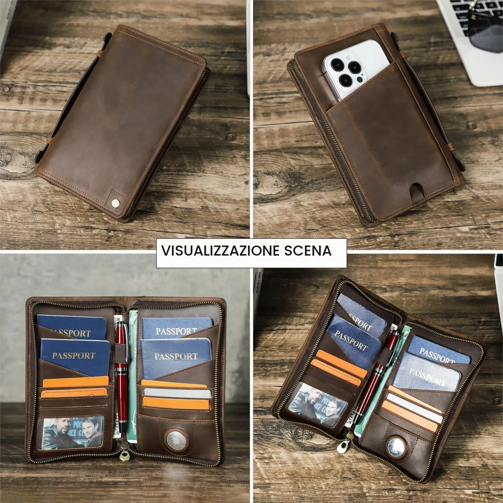 CONTACTS Pochette da Viaggio in Pelle da Uomo, Portafoglio Organizzatore con 2 Cerniere, Spazio per 4 Passaporti e Biglietti da Visita, Borsa a Mano con Tracolla - immagine 4